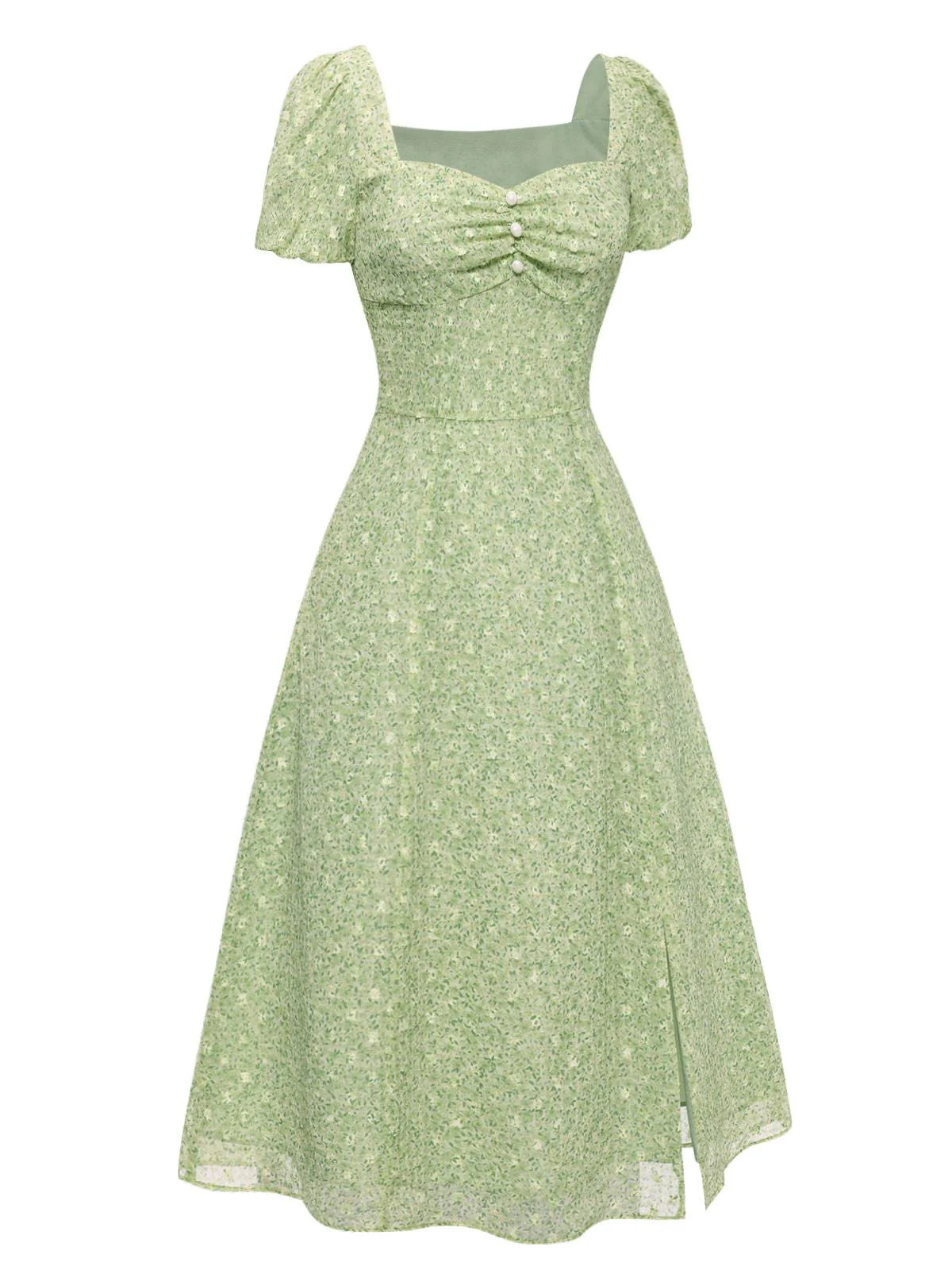 Grün 1940er Herzförmiger Blümchen Kleid - Image 4