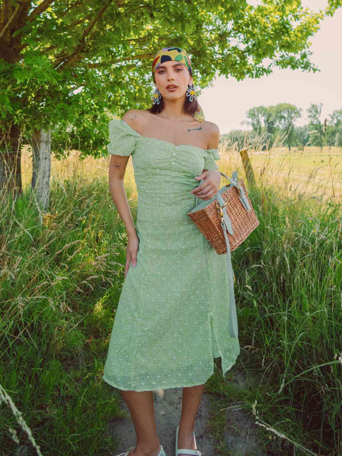 Grün 1940er Herzförmiger Blümchen Kleid - Image 2
