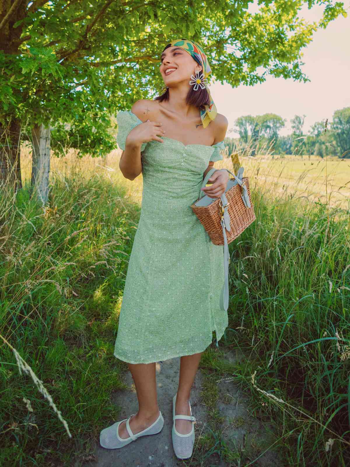 Grün 1940er Herzförmiger Blümchen Kleid - Image 2