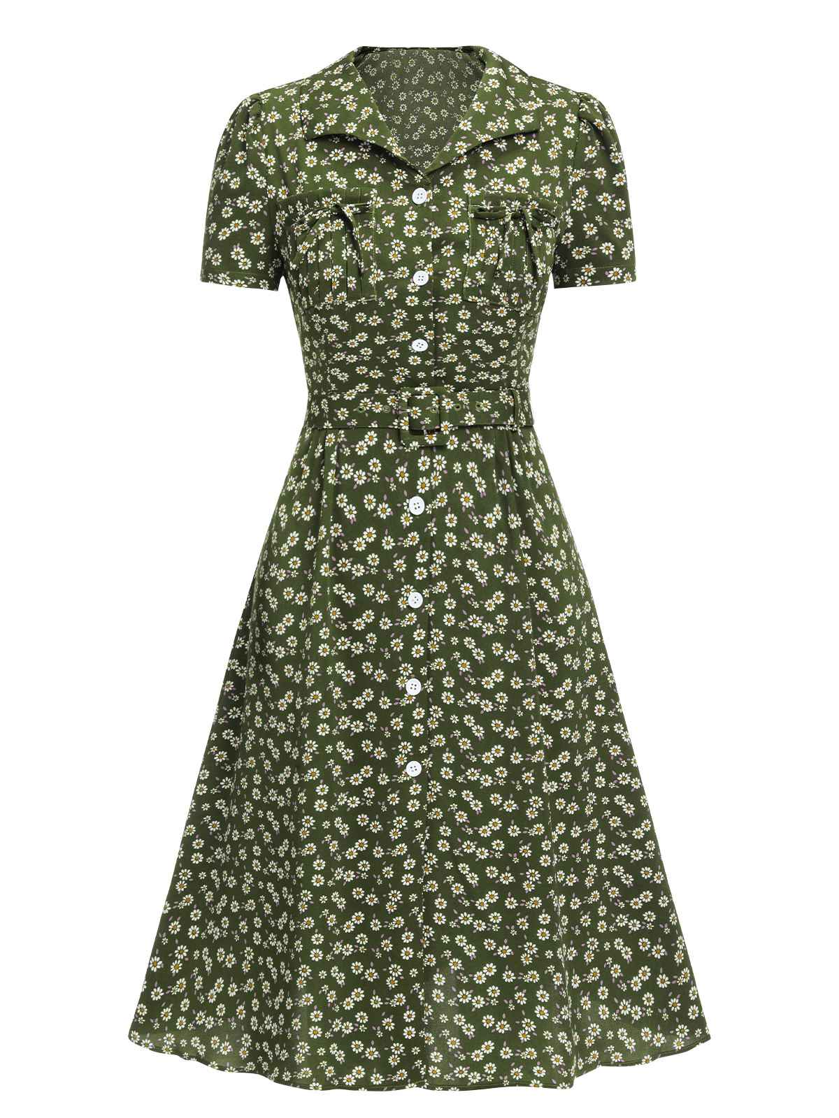 Grün 1940er Revers Blümchen Kleid mit Knöpfen - Image 2