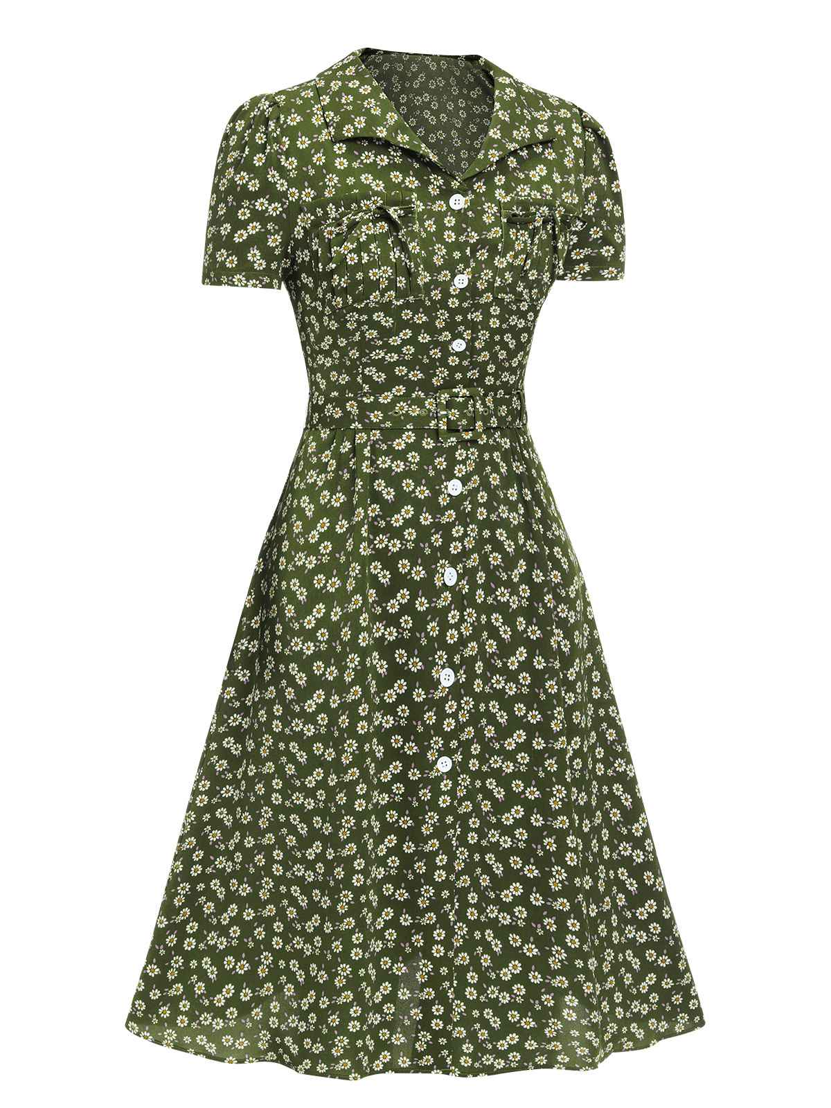 Grün 1940er Revers Blümchen Kleid mit Knöpfen - Image 3