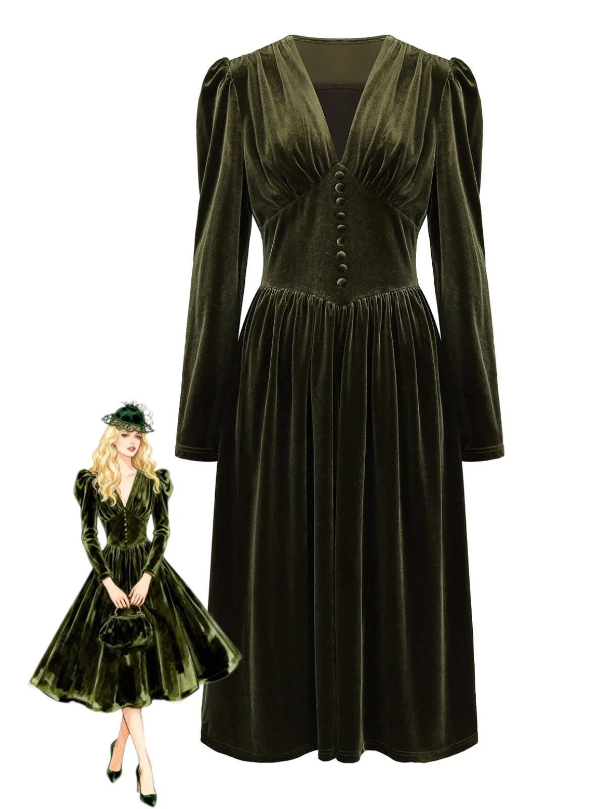Grün 1940er Samt Tief-V Puffärmel Gerüschtes Kleid