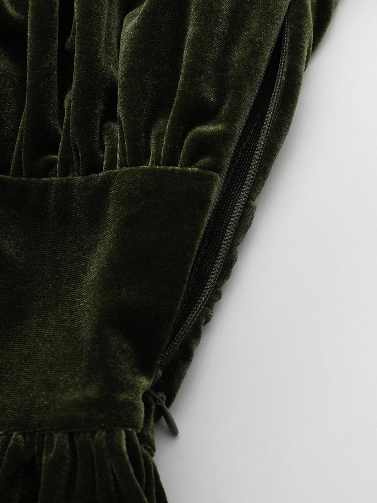 Grün 1940er Samt Tief-V Puffärmel Gerüschtes Kleid - Image 17