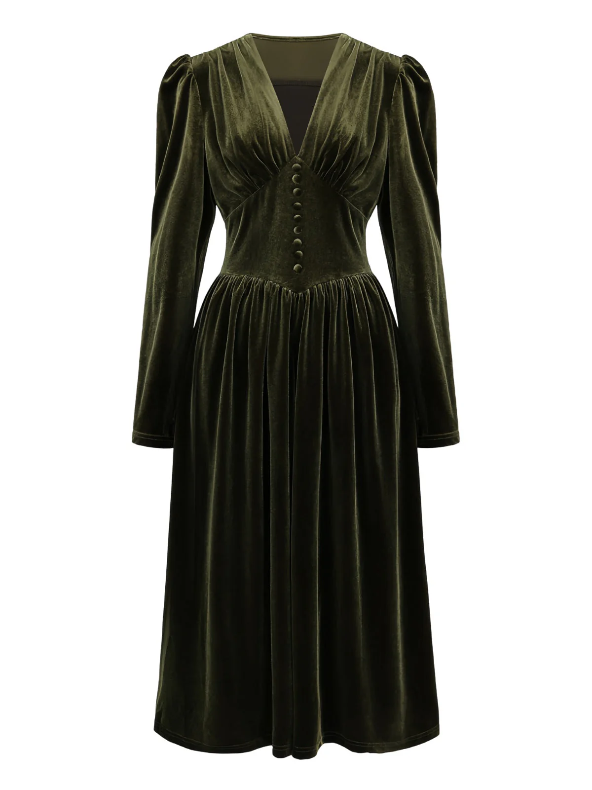 Grün 1940er Samt Tief-V Puffärmel Gerüschtes Kleid - Image 2