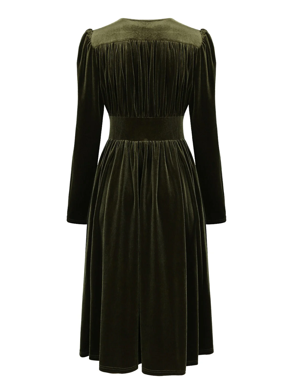 Grün 1940er Samt Tief-V Puffärmel Gerüschtes Kleid - Image 3
