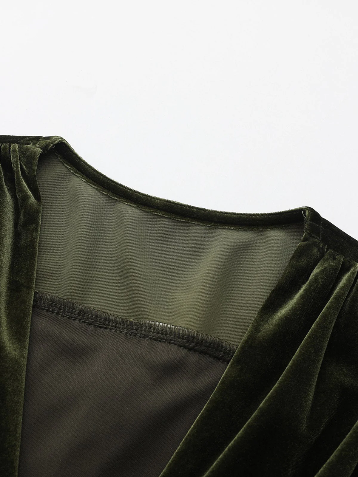 Grün 1940er Samt Tief-V Puffärmel Gerüschtes Kleid - Image 5