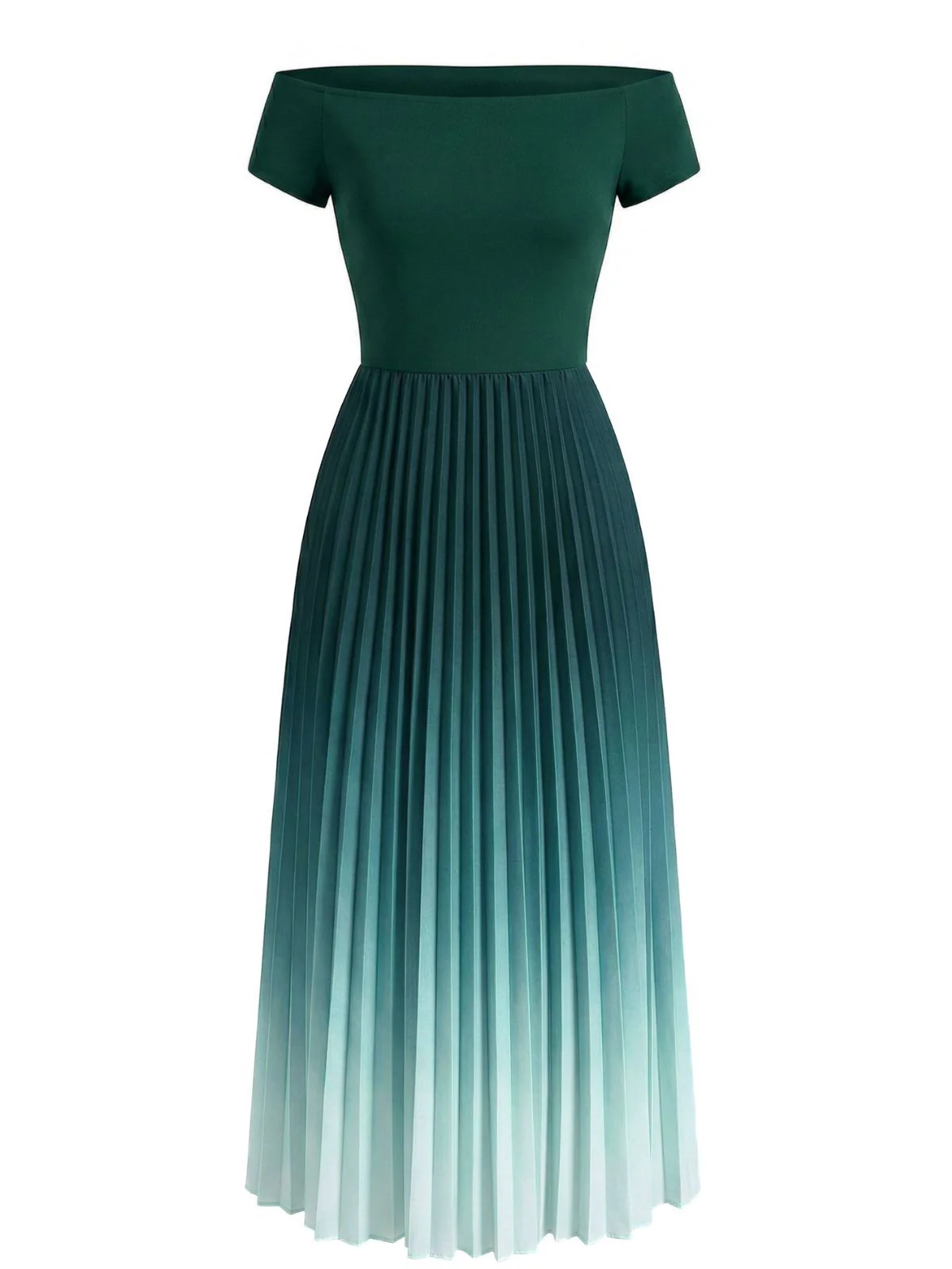 Grün 1940er Schulterfrei Plissiertes Farbverlauf Kleid - Image 2