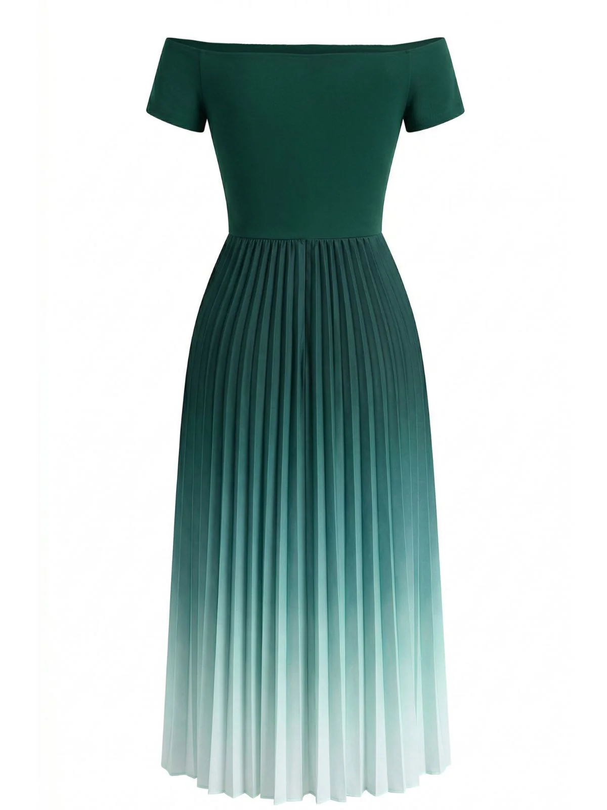 Grün 1940er Schulterfrei Plissiertes Farbverlauf Kleid - Image 3