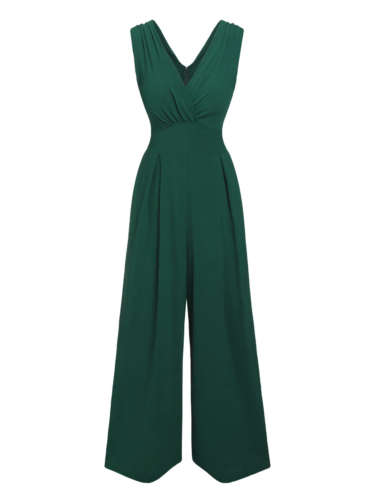 Grün 1940er Solide V-Ausschnitt Breite-Bein Jumpsuit