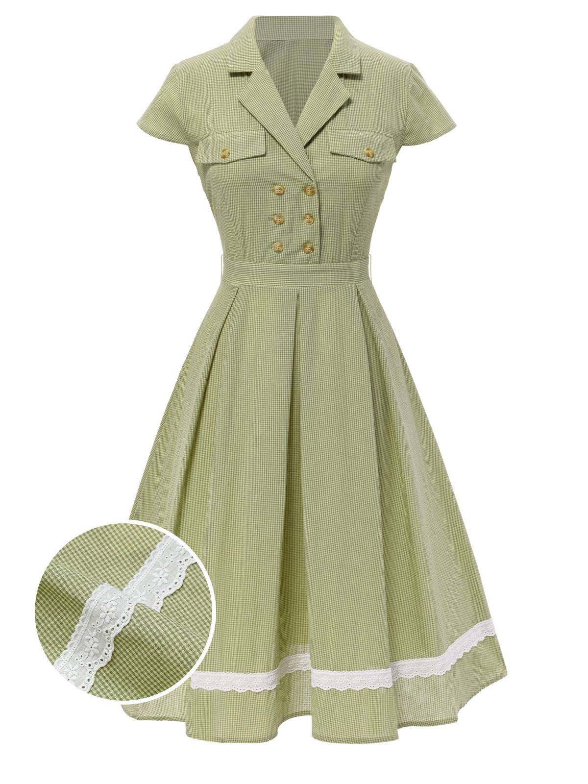 Grün 1940er Spitze Stitching Gingham Plaid Baumwolle Kleid - Image 2