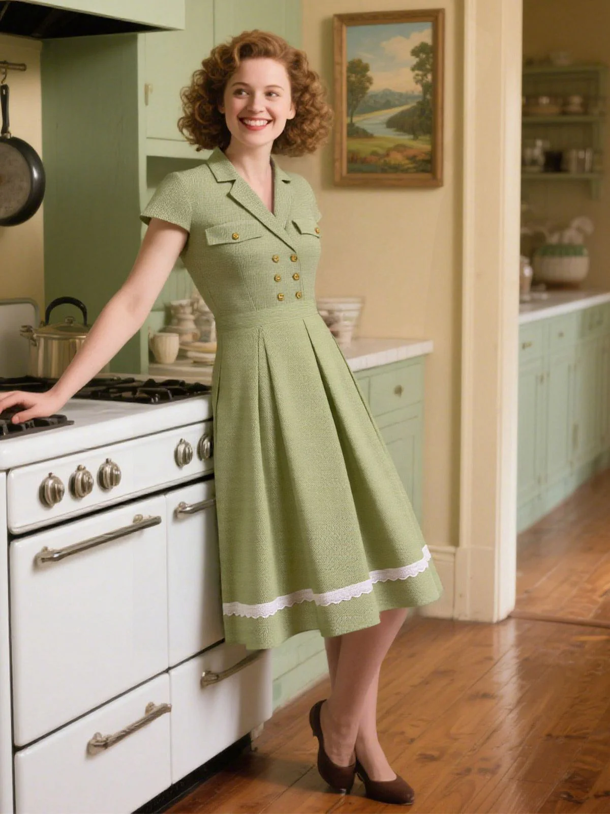 Grün 1940er Spitze Stitching Gingham Plaid Baumwolle Kleid - Image 3