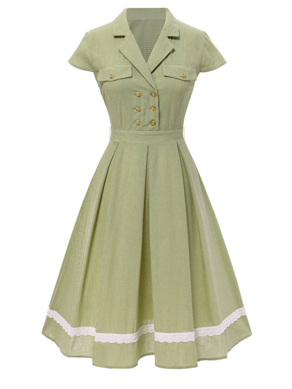 Grün 1940er Spitze Stitching Gingham Plaid Baumwolle Kleid - Image 4