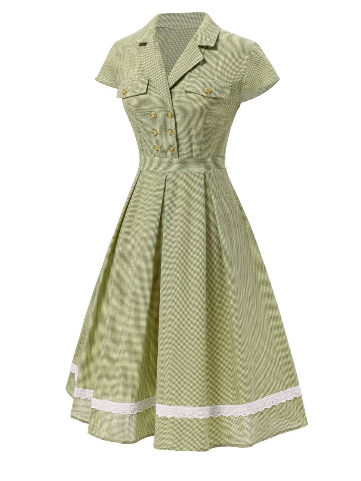 Grün 1940er Spitze Stitching Gingham Plaid Baumwolle Kleid - Image 5
