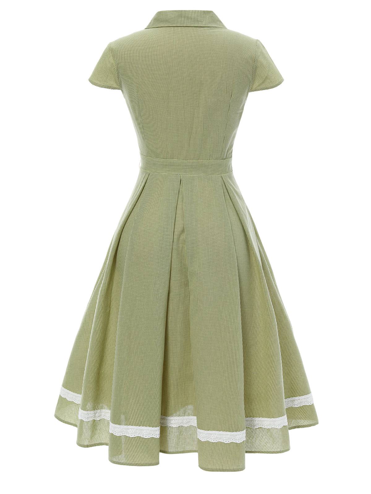 Grün 1940er Spitze Stitching Gingham Plaid Baumwolle Kleid - Image 6