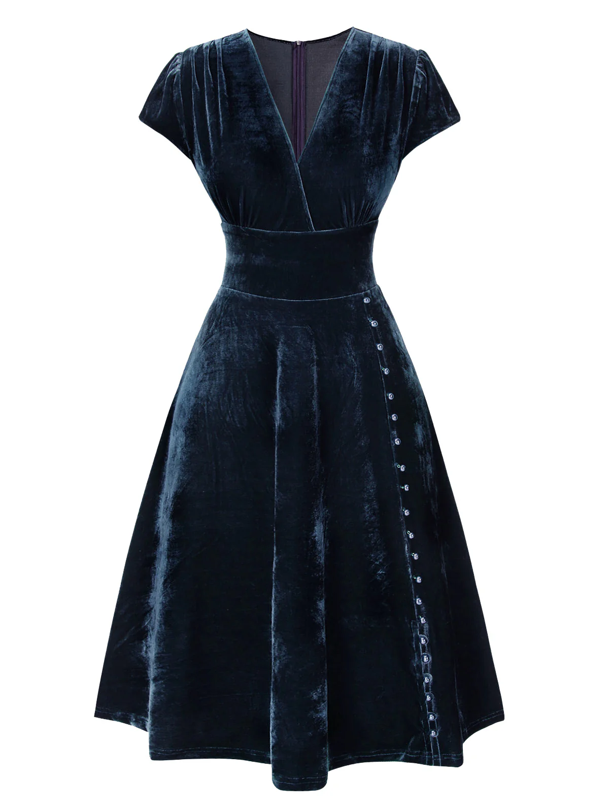 Grün 1940er Tief V-Ausschnitt Perle Samt Kleid - Image 10