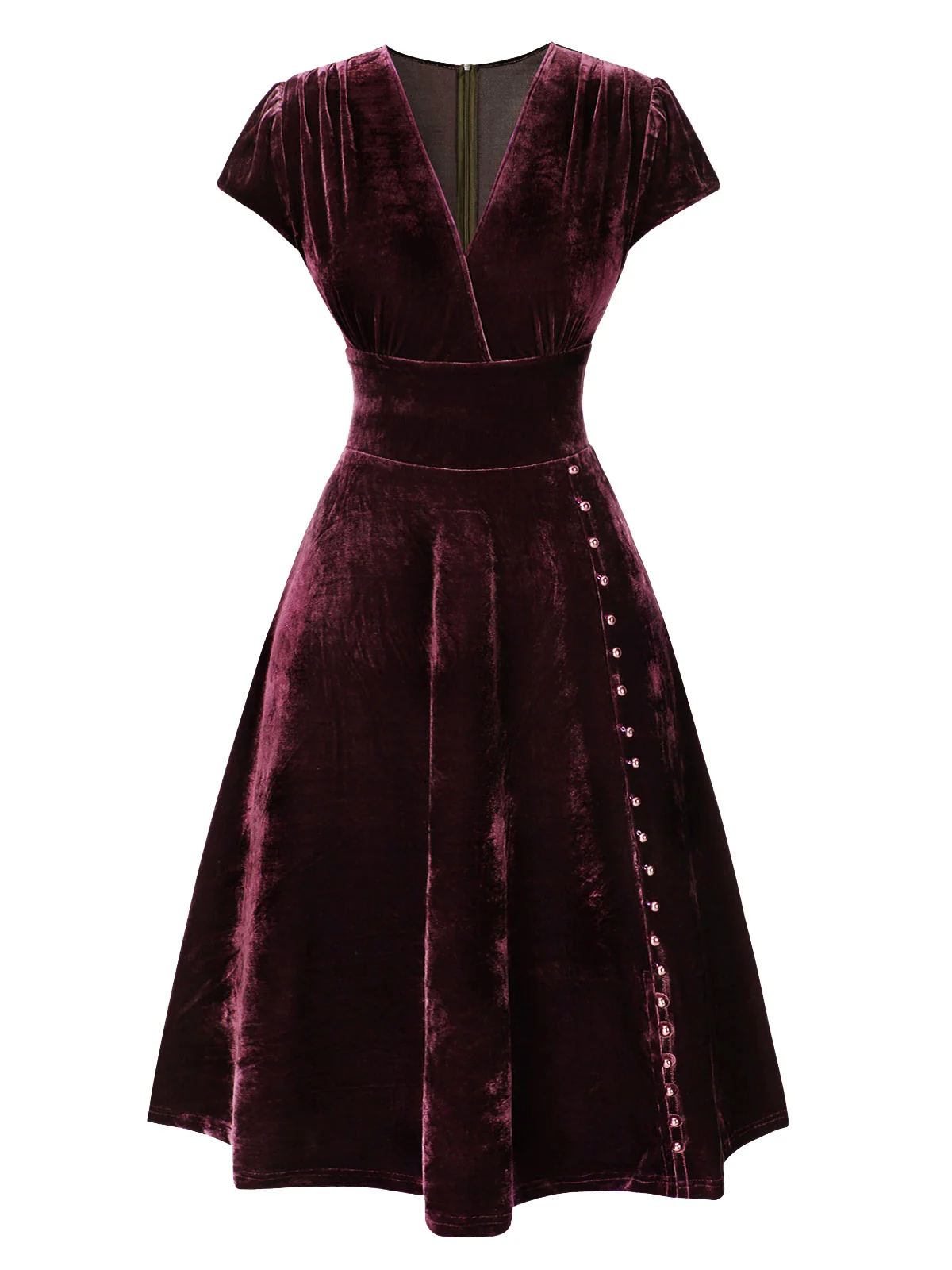 Grün 1940er Tief V-Ausschnitt Perle Samt Kleid - Image 13