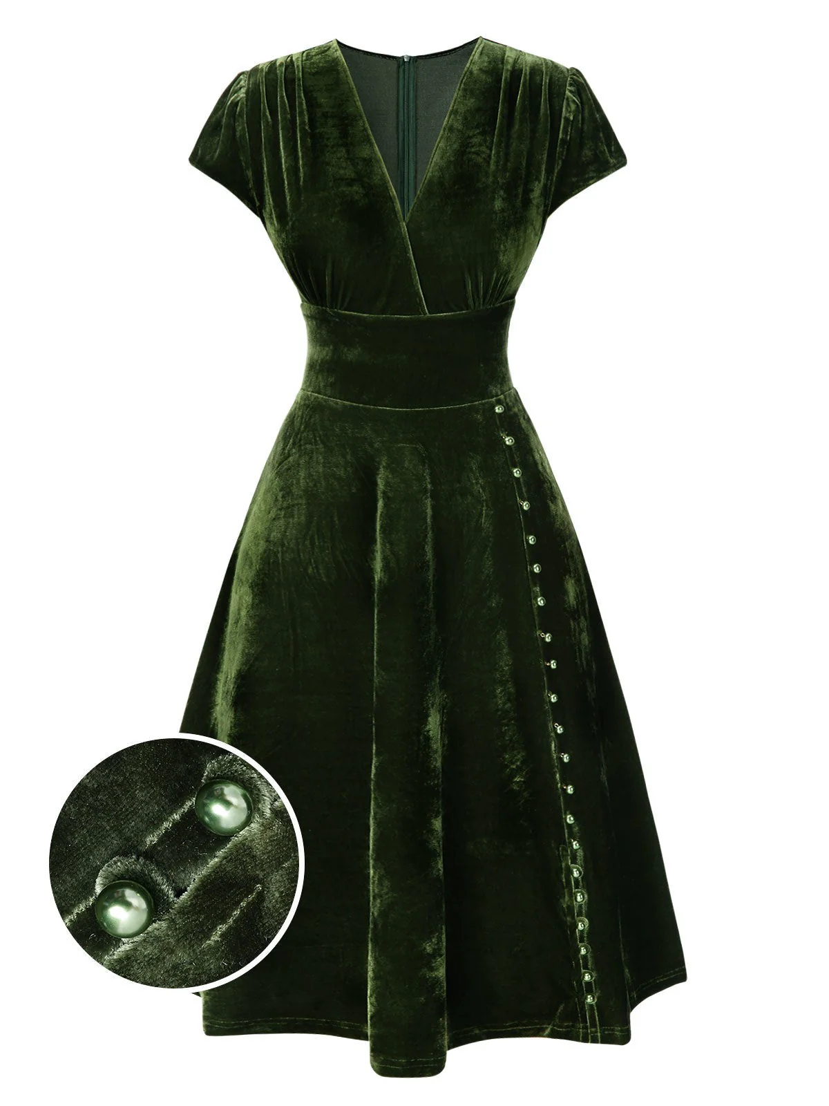 Grün 1940er Tief V-Ausschnitt Perle Samt Kleid - Image 3