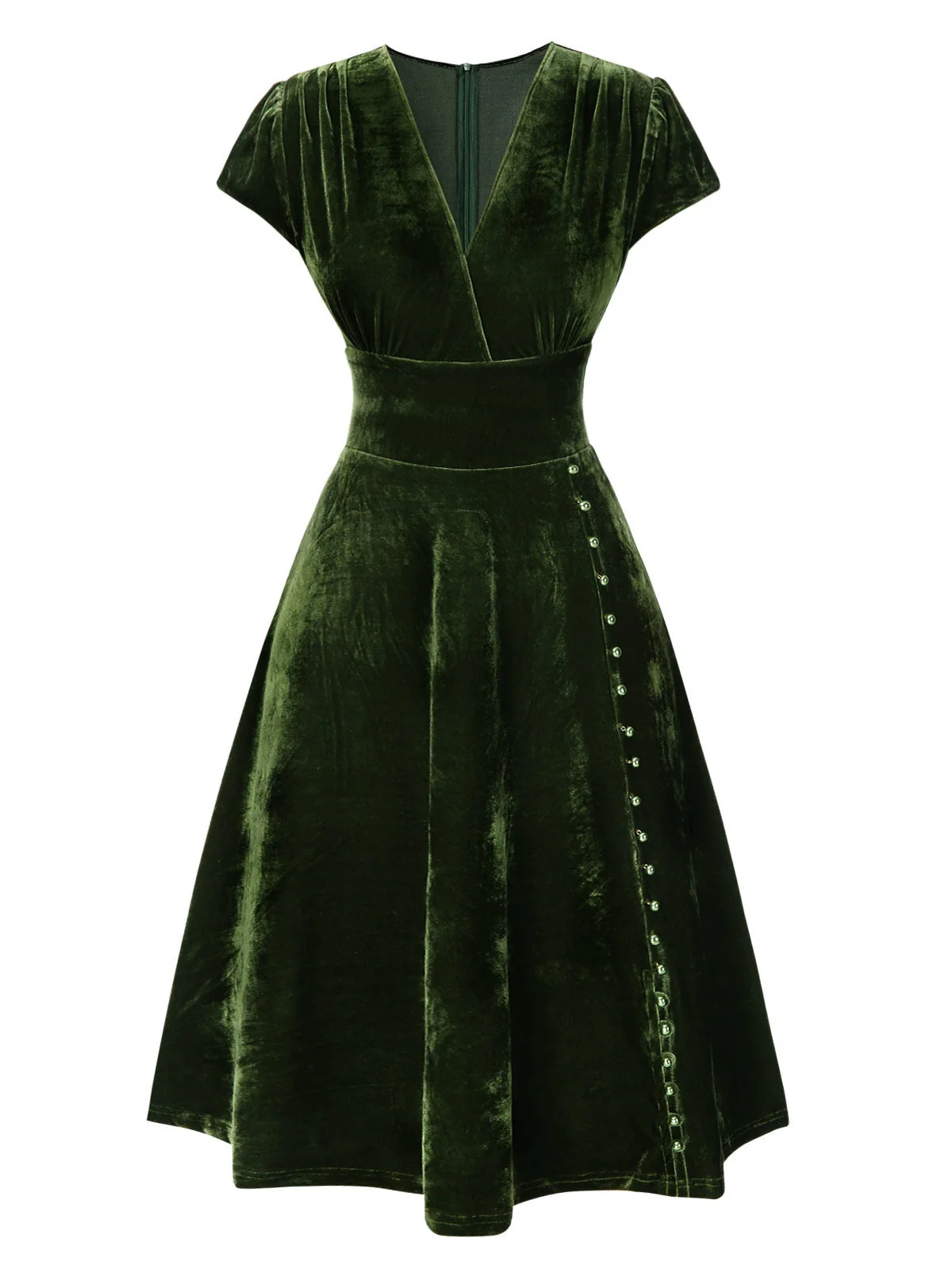 Grün 1940er Tief V-Ausschnitt Perle Samt Kleid - Image 4