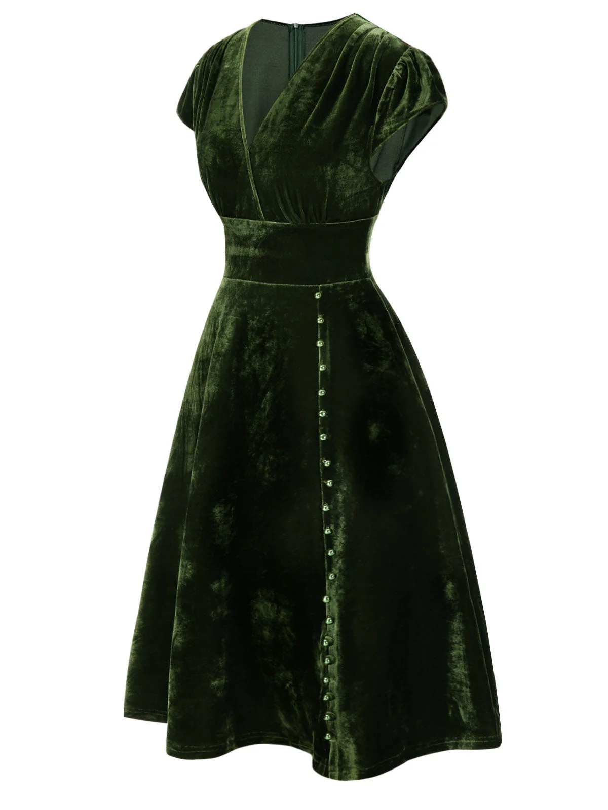 Grün 1940er Tief V-Ausschnitt Perle Samt Kleid - Image 5