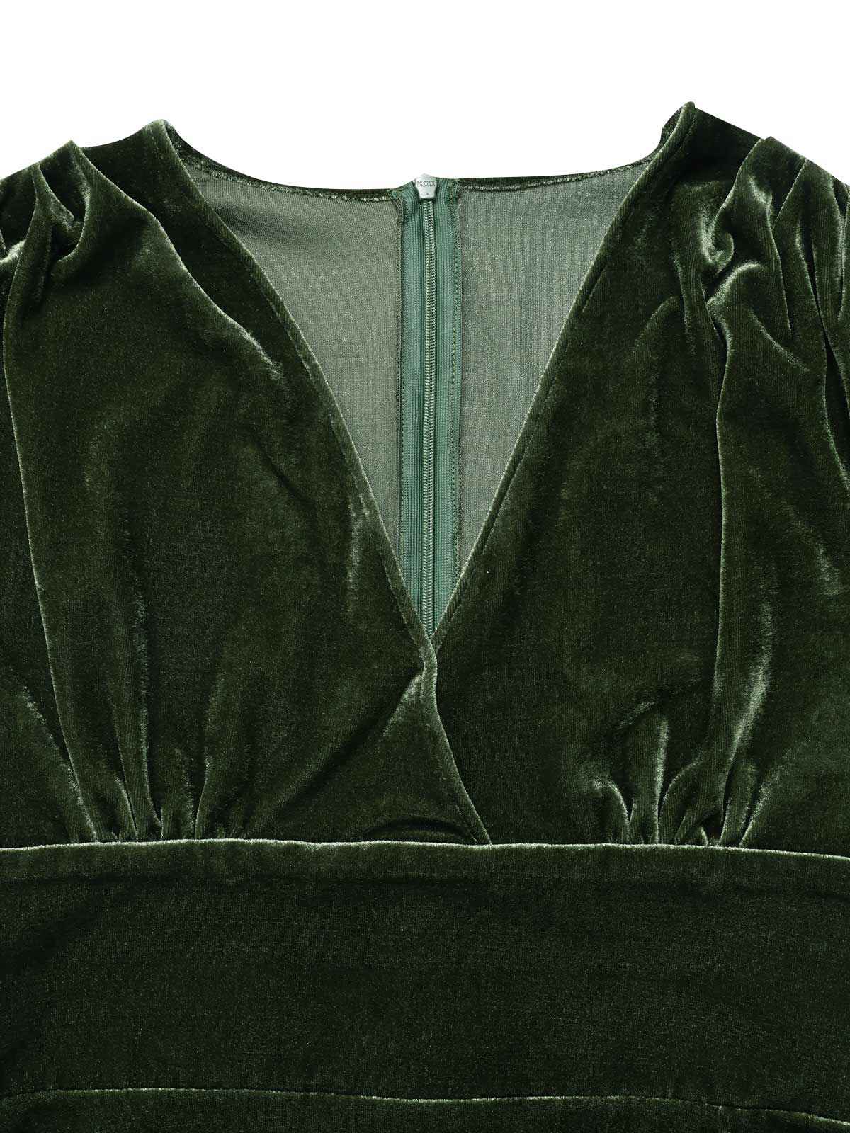 Grün 1940er Tief V-Ausschnitt Perle Samt Kleid - Image 9