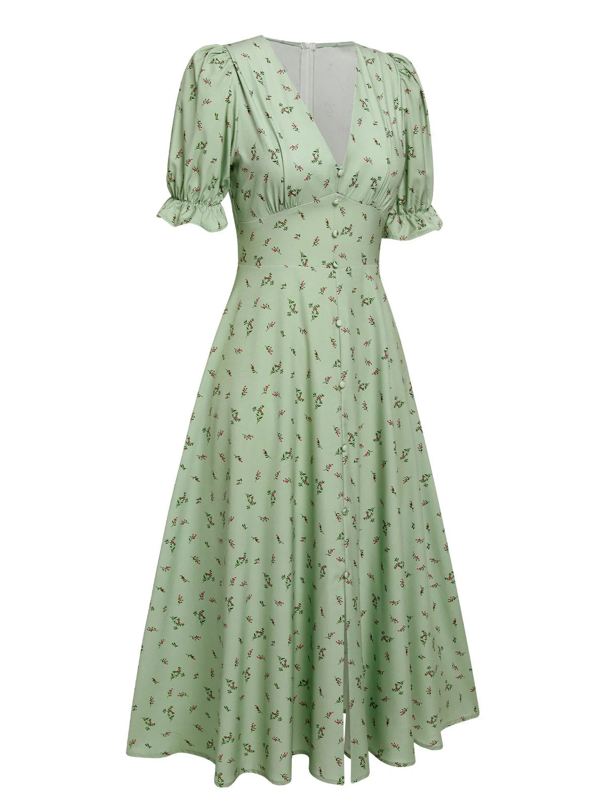 Grün 1940er V-Ausschnitt Blumen Laternenärmels Kleid - Image 3