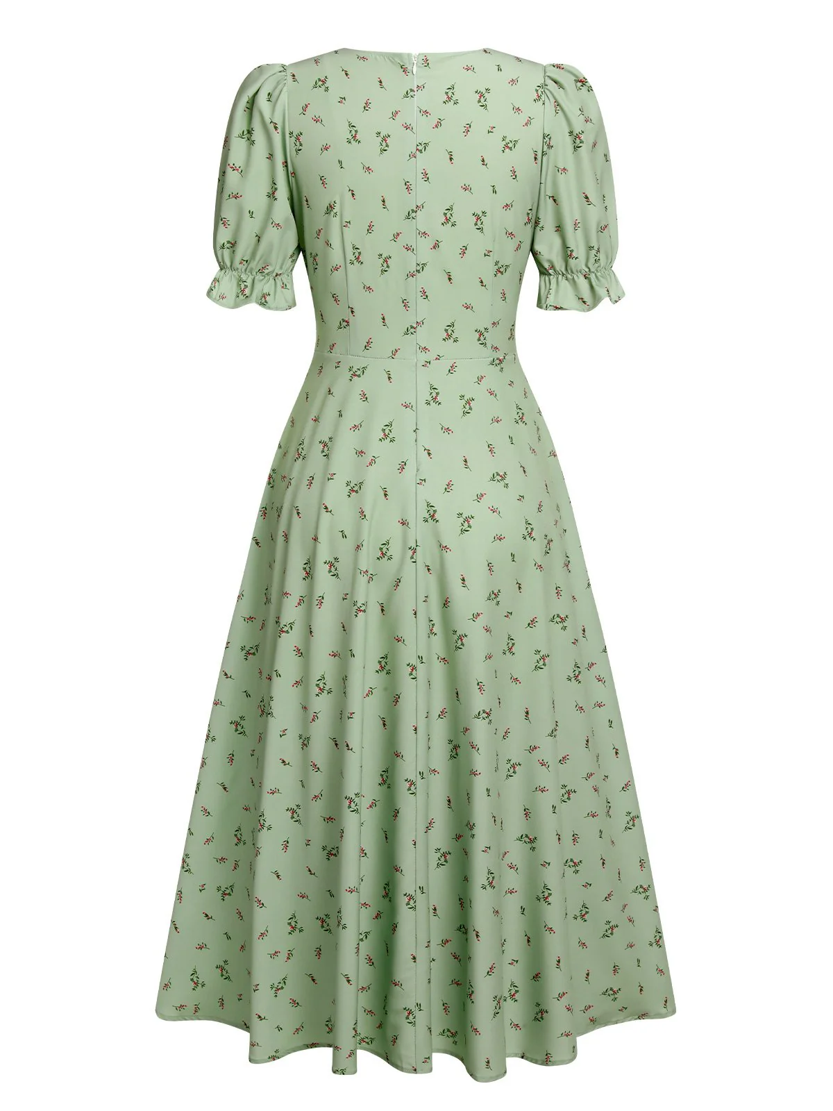 Grün 1940er V-Ausschnitt Blumen Laternenärmels Kleid - Image 4