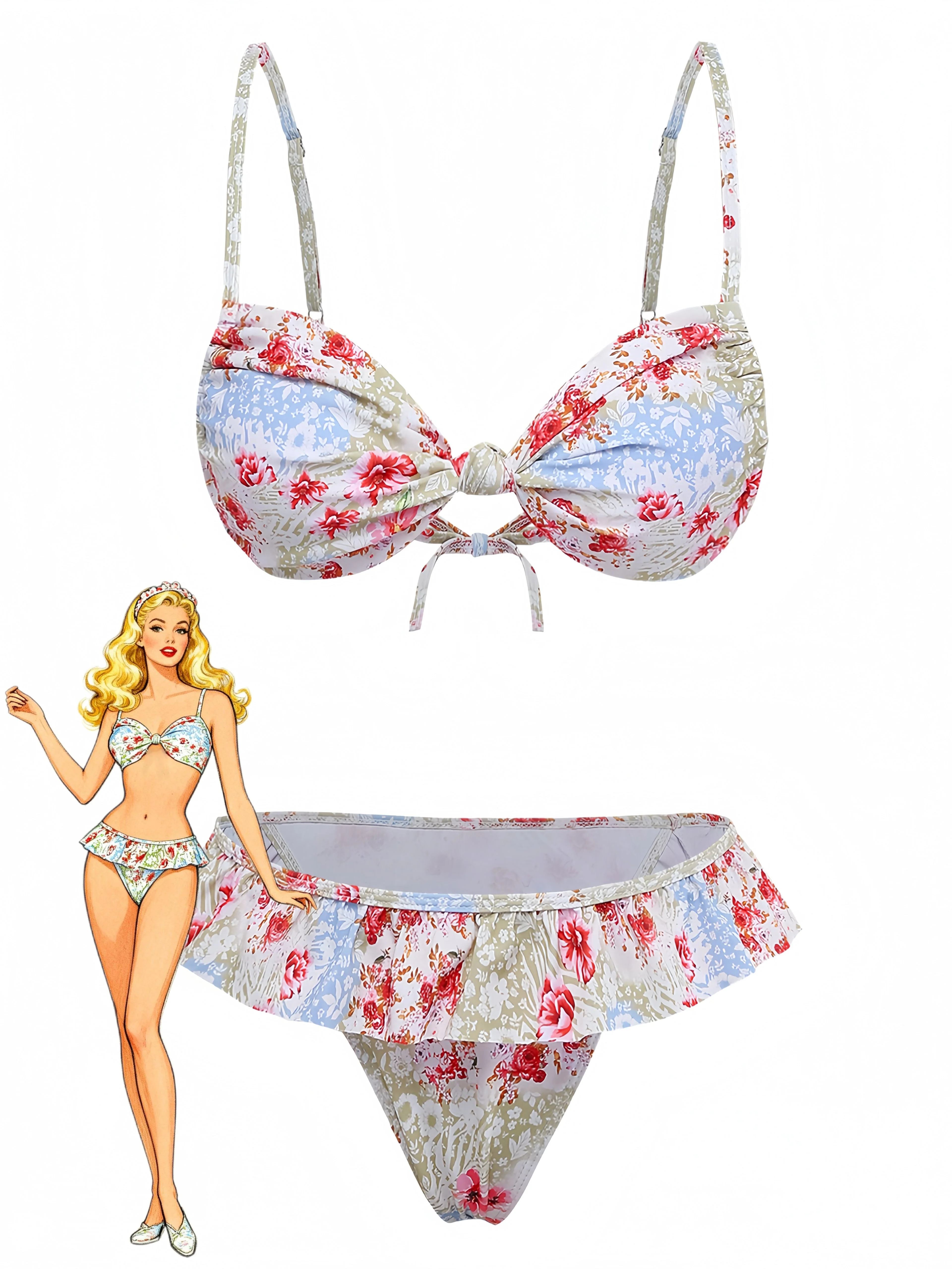 Grün 1950er Blumen Muster Rüschen Bikini Set