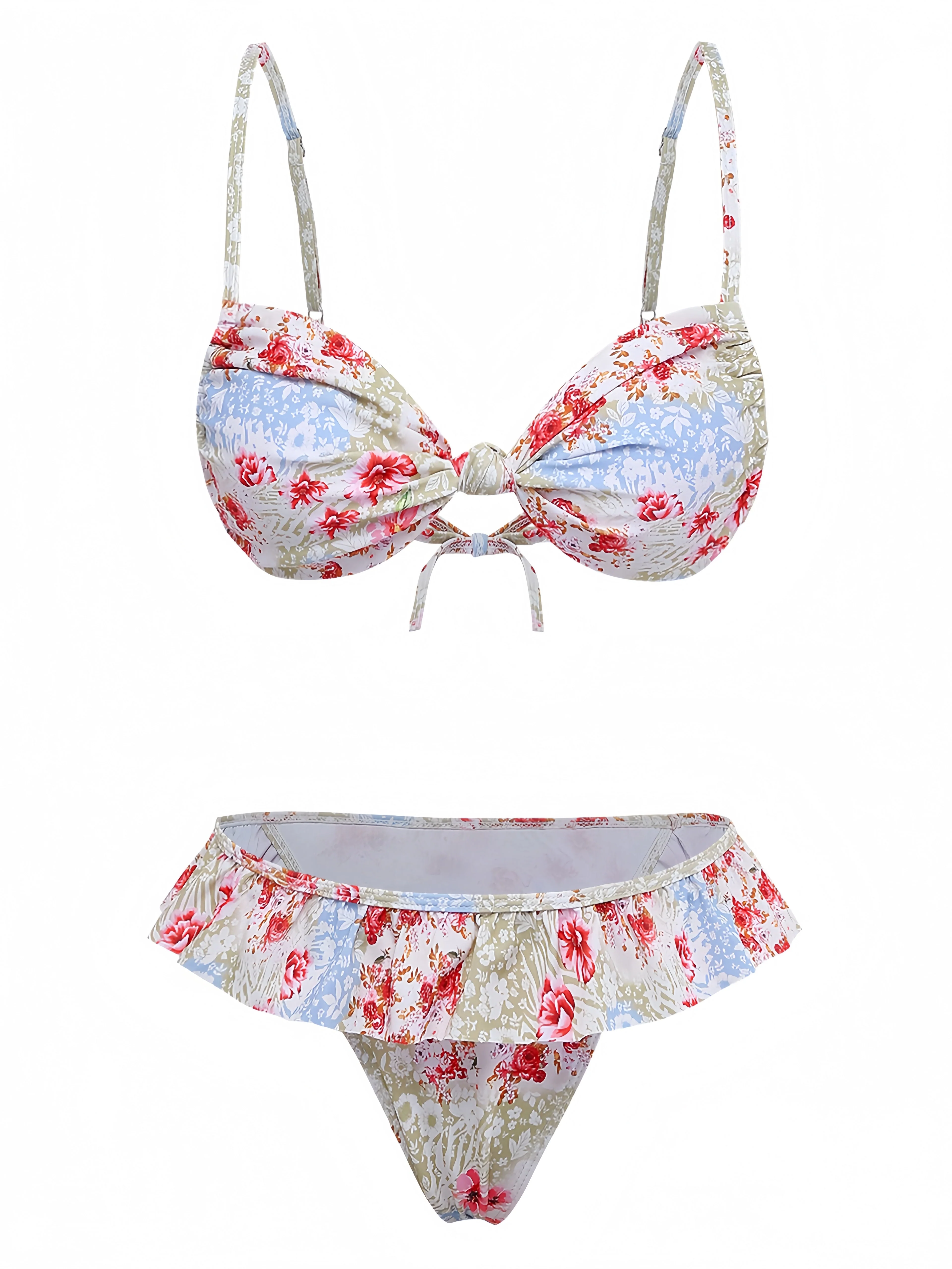 Grün 1950er Blumen Muster Rüschen Bikini Set - Image 2