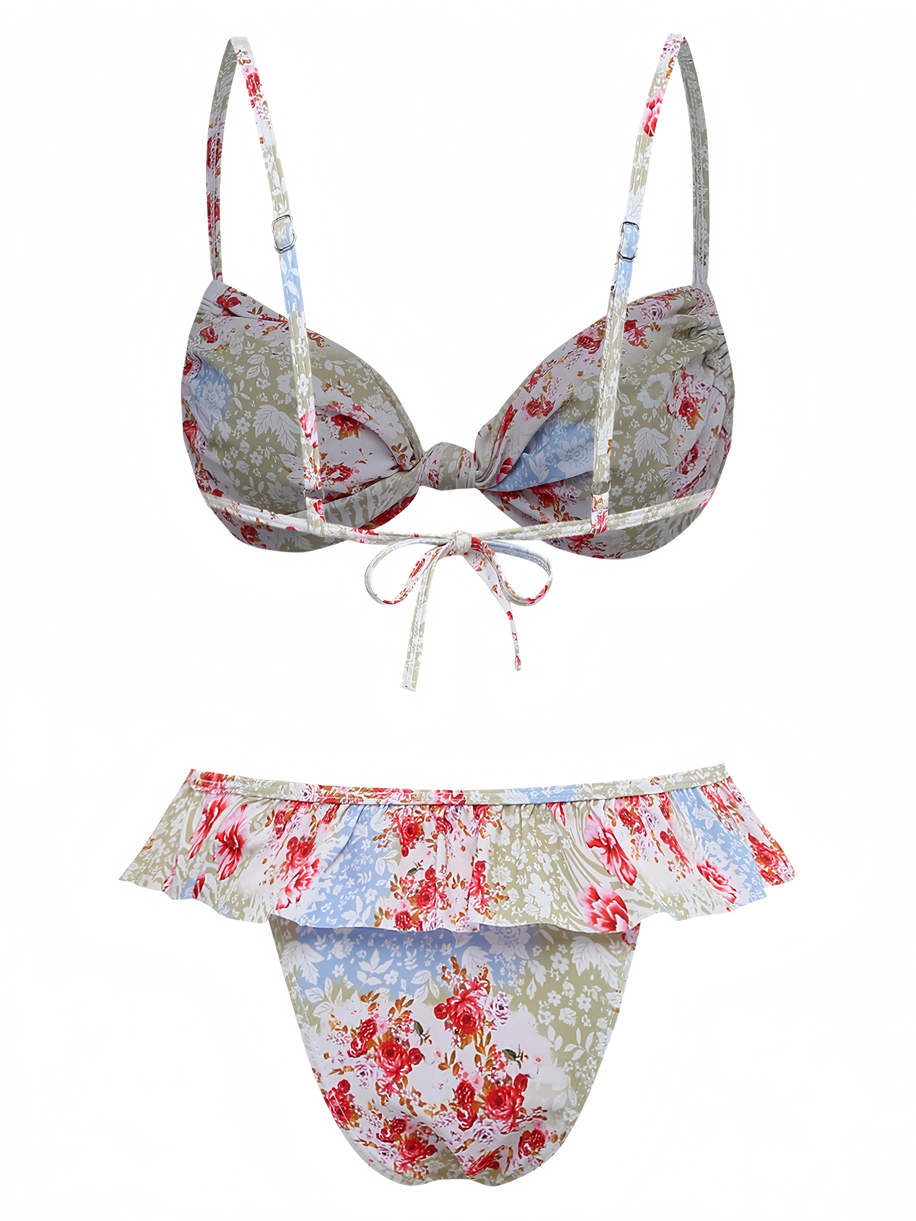 Grün 1950er Blumen Muster Rüschen Bikini Set - Image 3