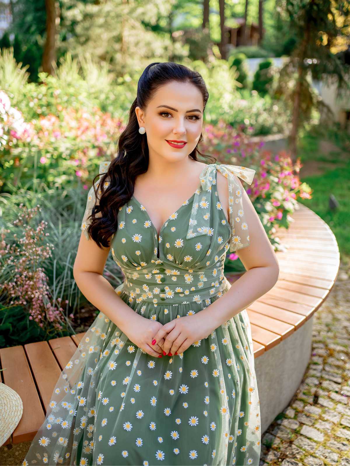 Grün 1950er Gänseblümchen Netz Swing Kleid - Image 2