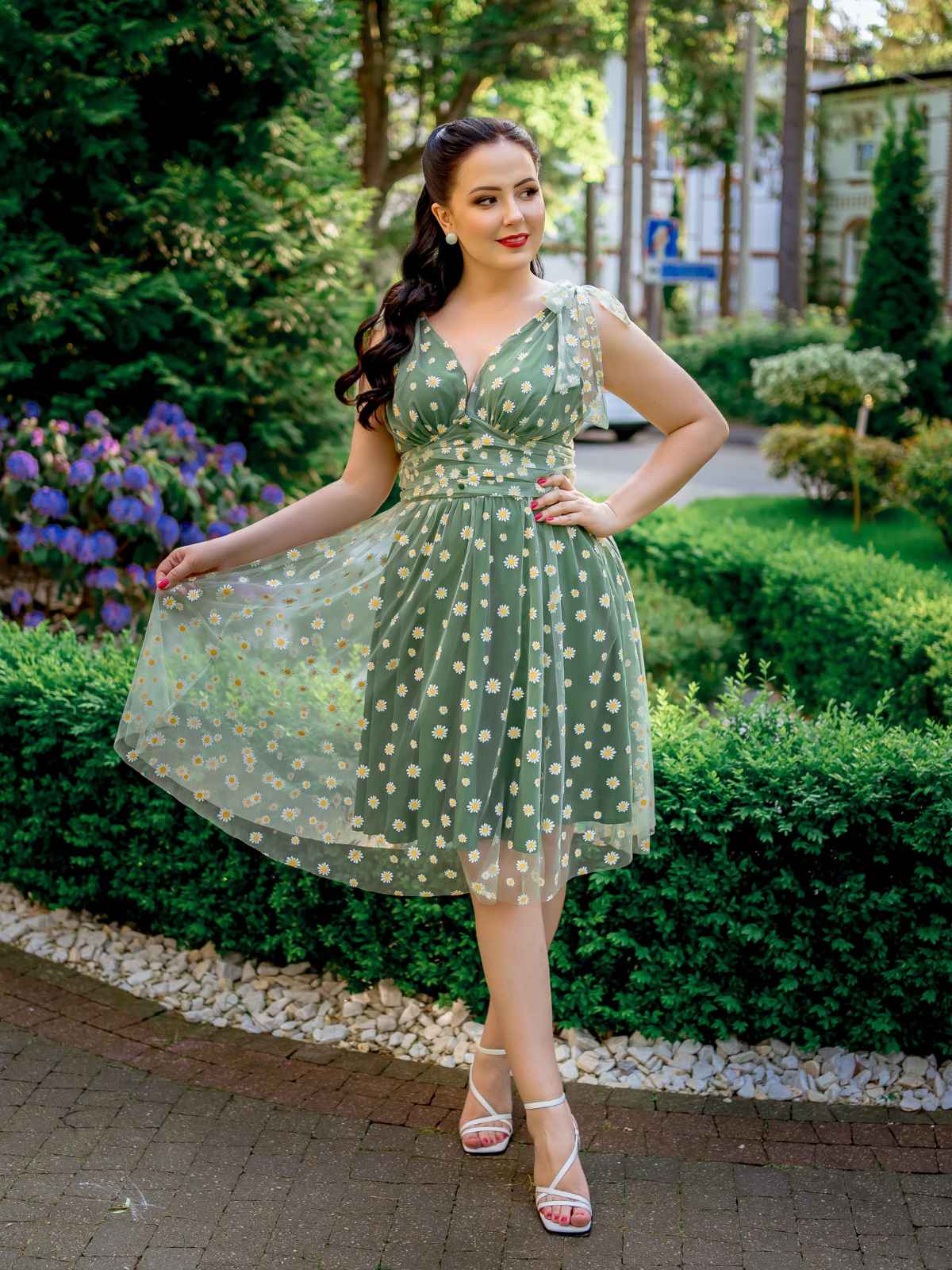 Grün 1950er Gänseblümchen Netz Swing Kleid - Image 3