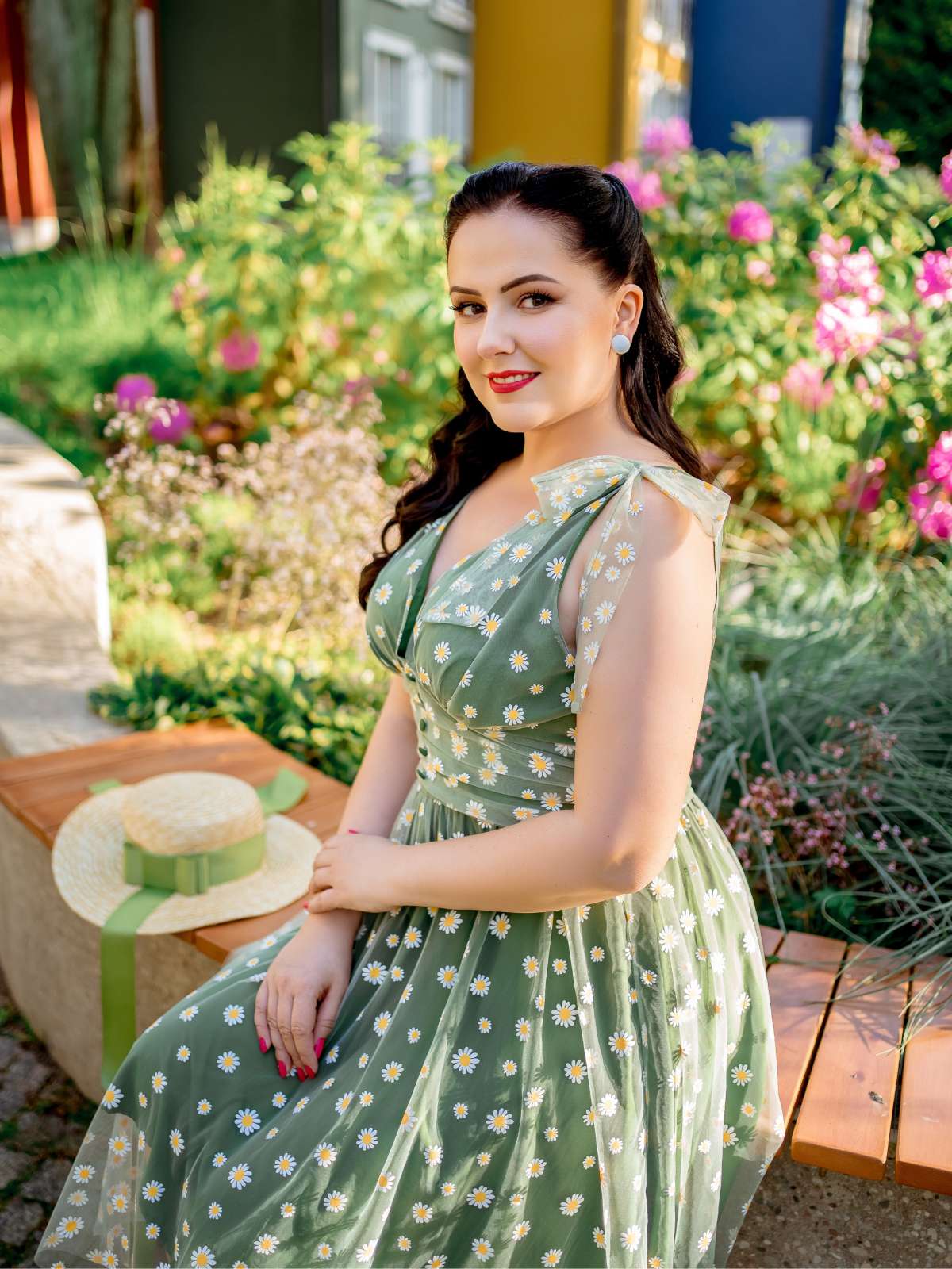 Grün 1950er Gänseblümchen Netz Swing Kleid - Image 4