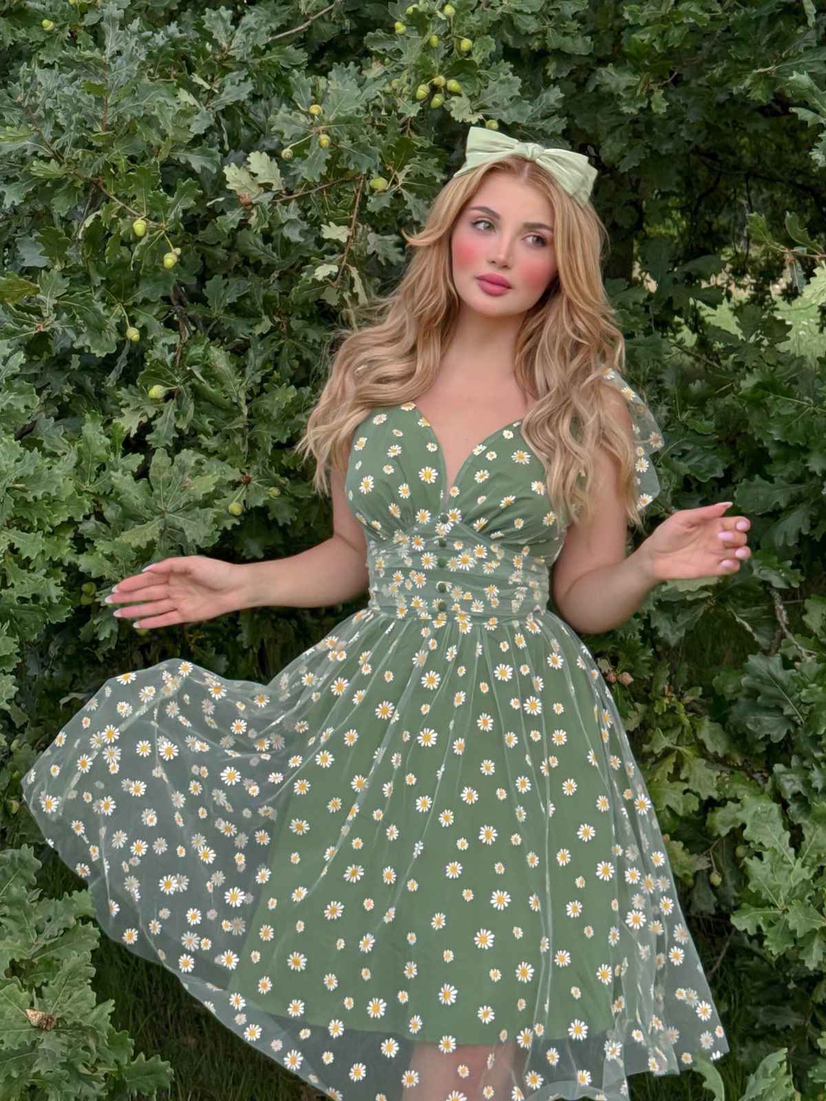 Grün 1950er Gänseblümchen Netz Swing Kleid - Image 2