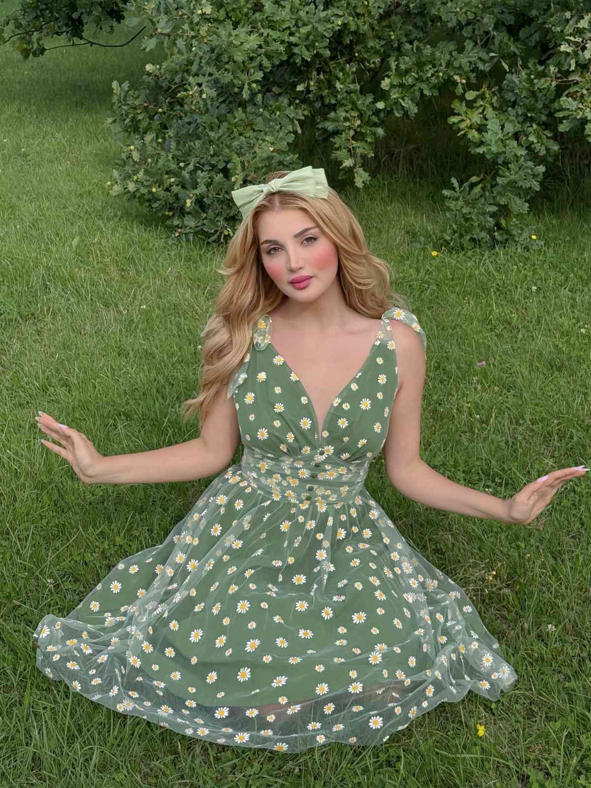 Grün 1950er Gänseblümchen Netz Swing Kleid - Image 3