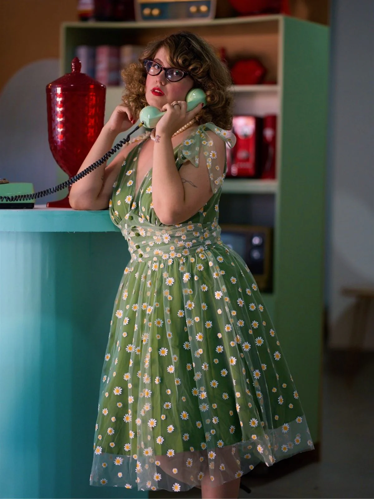 Grün 1950er Gänseblümchen Netz Swing Kleid - Image 4
