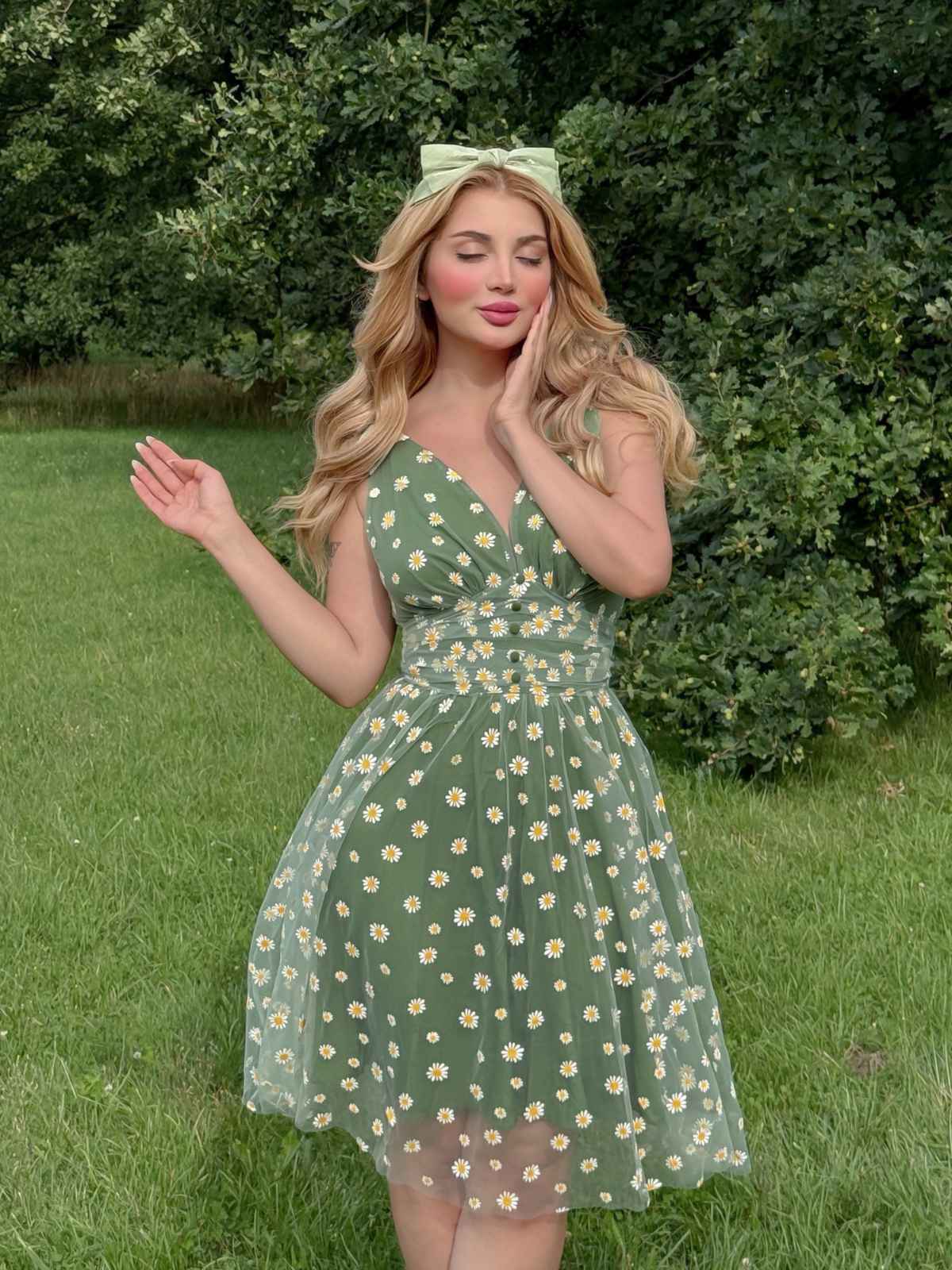Grün 1950er Gänseblümchen Netz Swing Kleid - Image 6