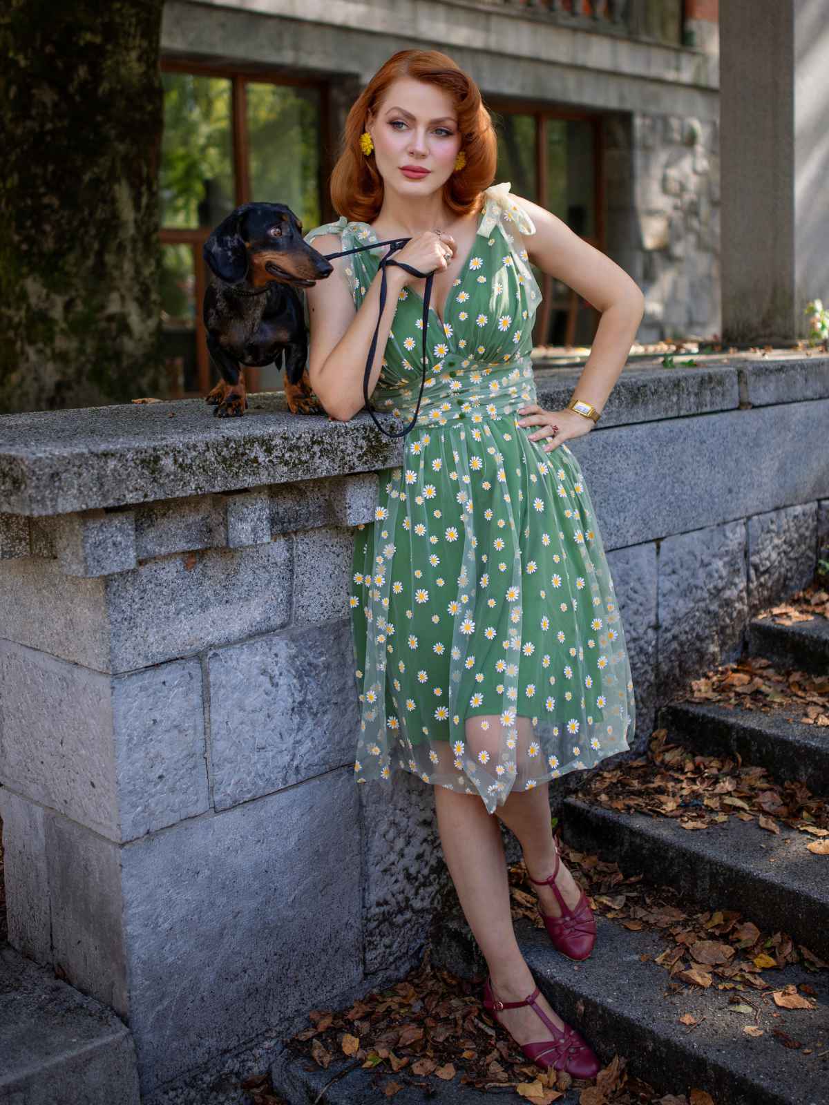 Grün 1950er Gänseblümchen Netz Swing Kleid - Image 2