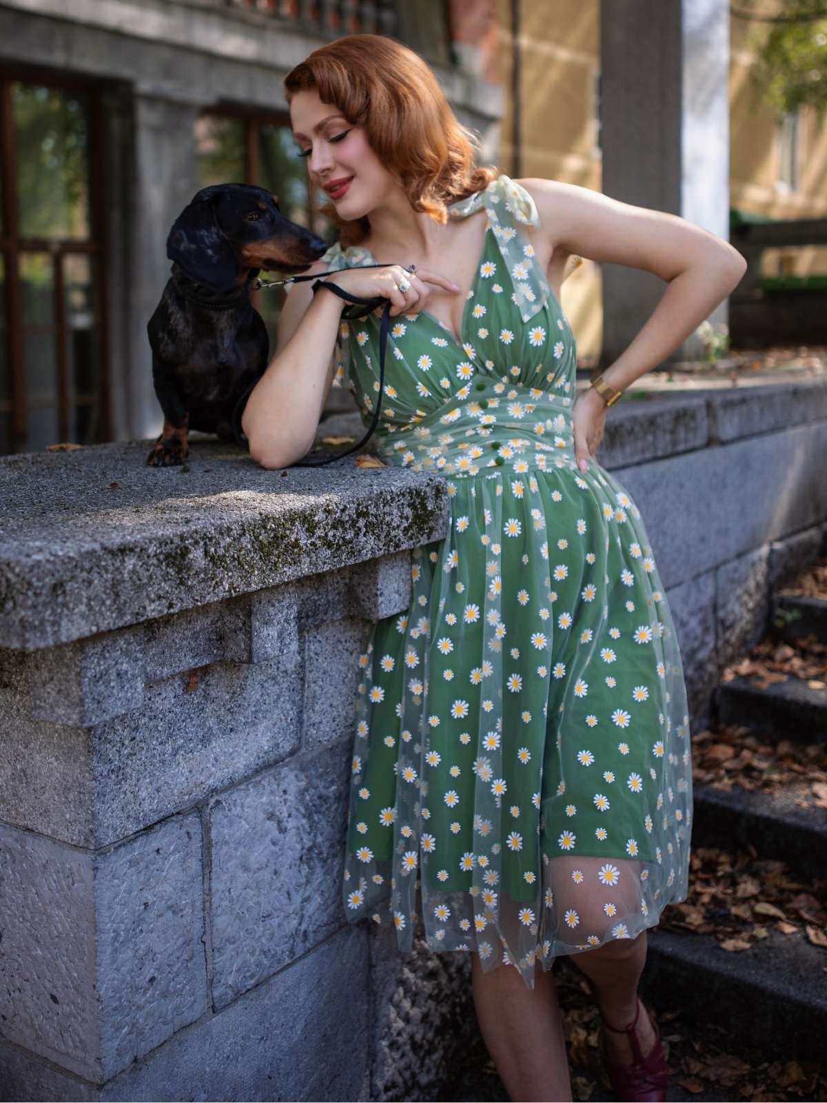 Grün 1950er Gänseblümchen Netz Swing Kleid - Image 3