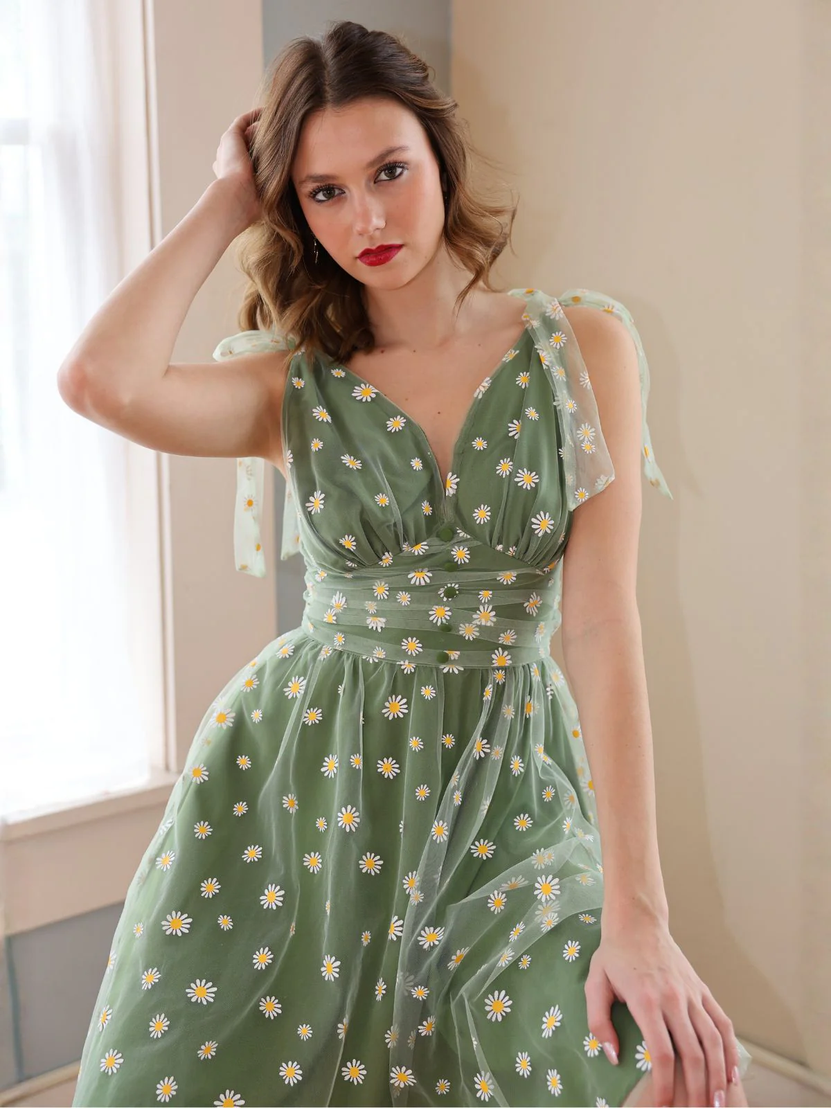 Grün 1950er Gänseblümchen Netz Swing Kleid