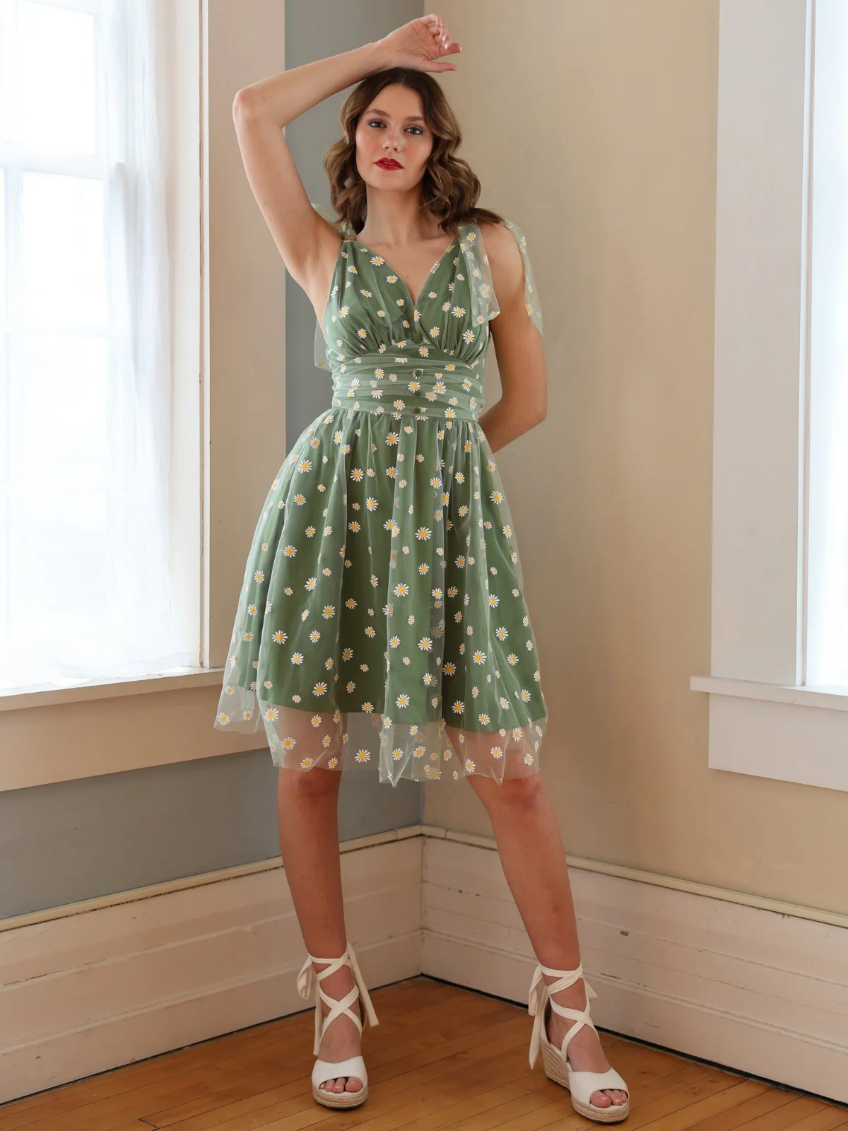 Grün 1950er Gänseblümchen Netz Swing Kleid - Image 3