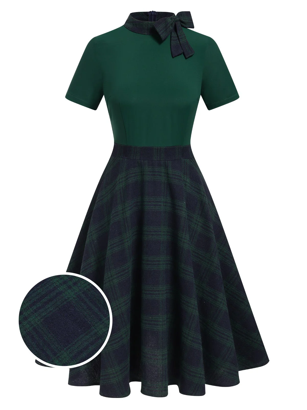Grün 1950er Krawattenhals Plaids Patchwork Kleid - Image 3