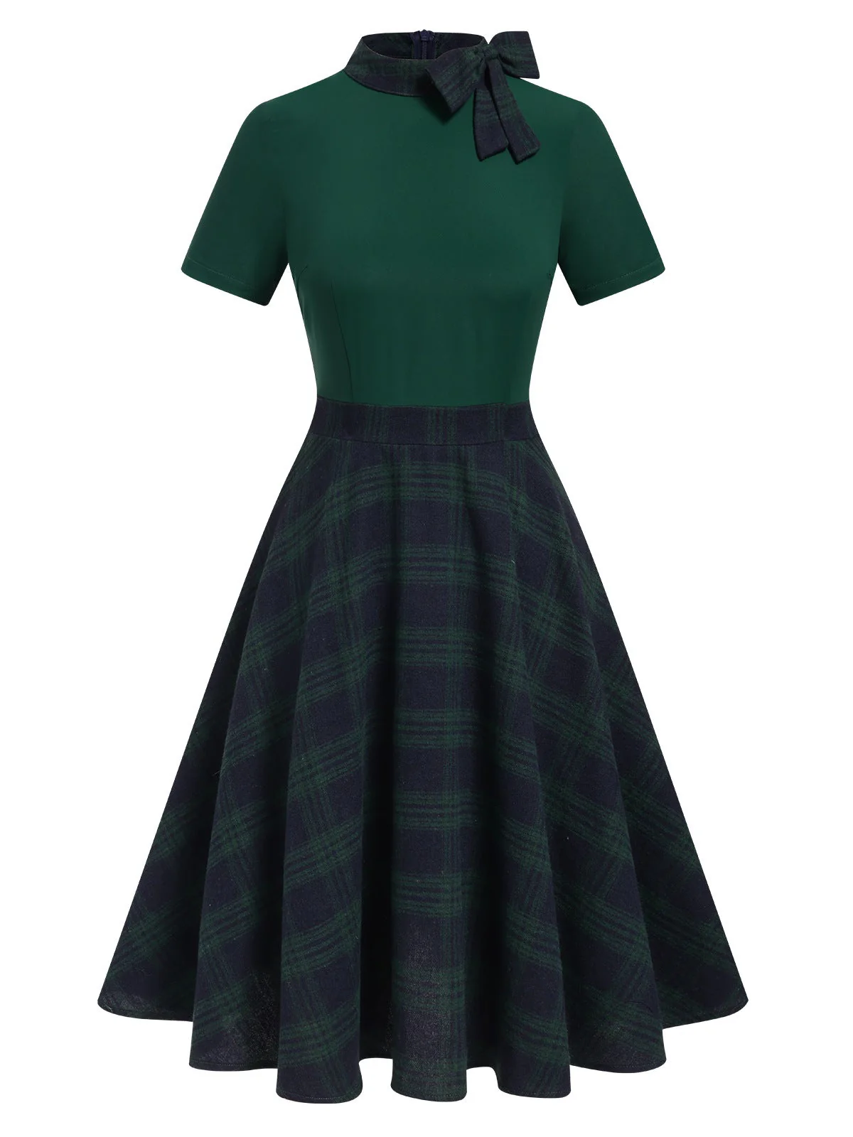Grün 1950er Krawattenhals Plaids Patchwork Kleid - Image 4