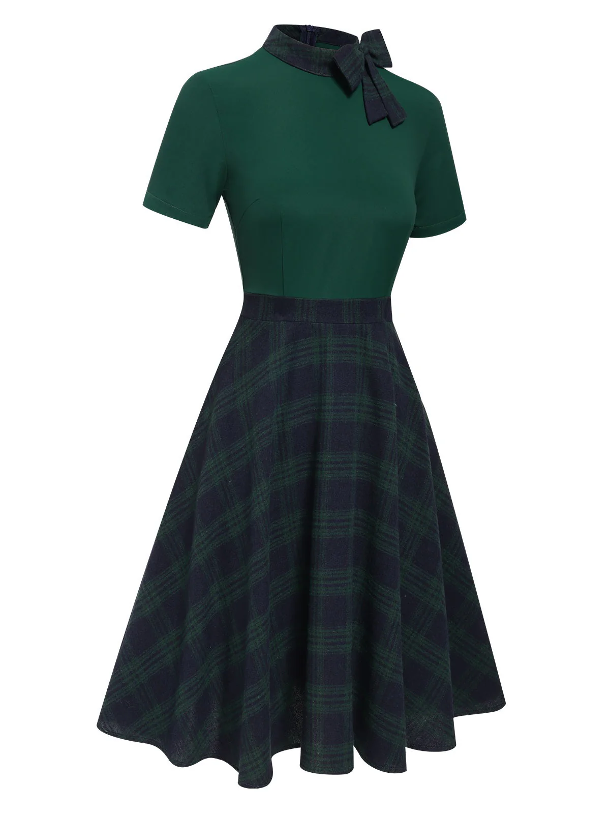 Grün 1950er Krawattenhals Plaids Patchwork Kleid - Image 6