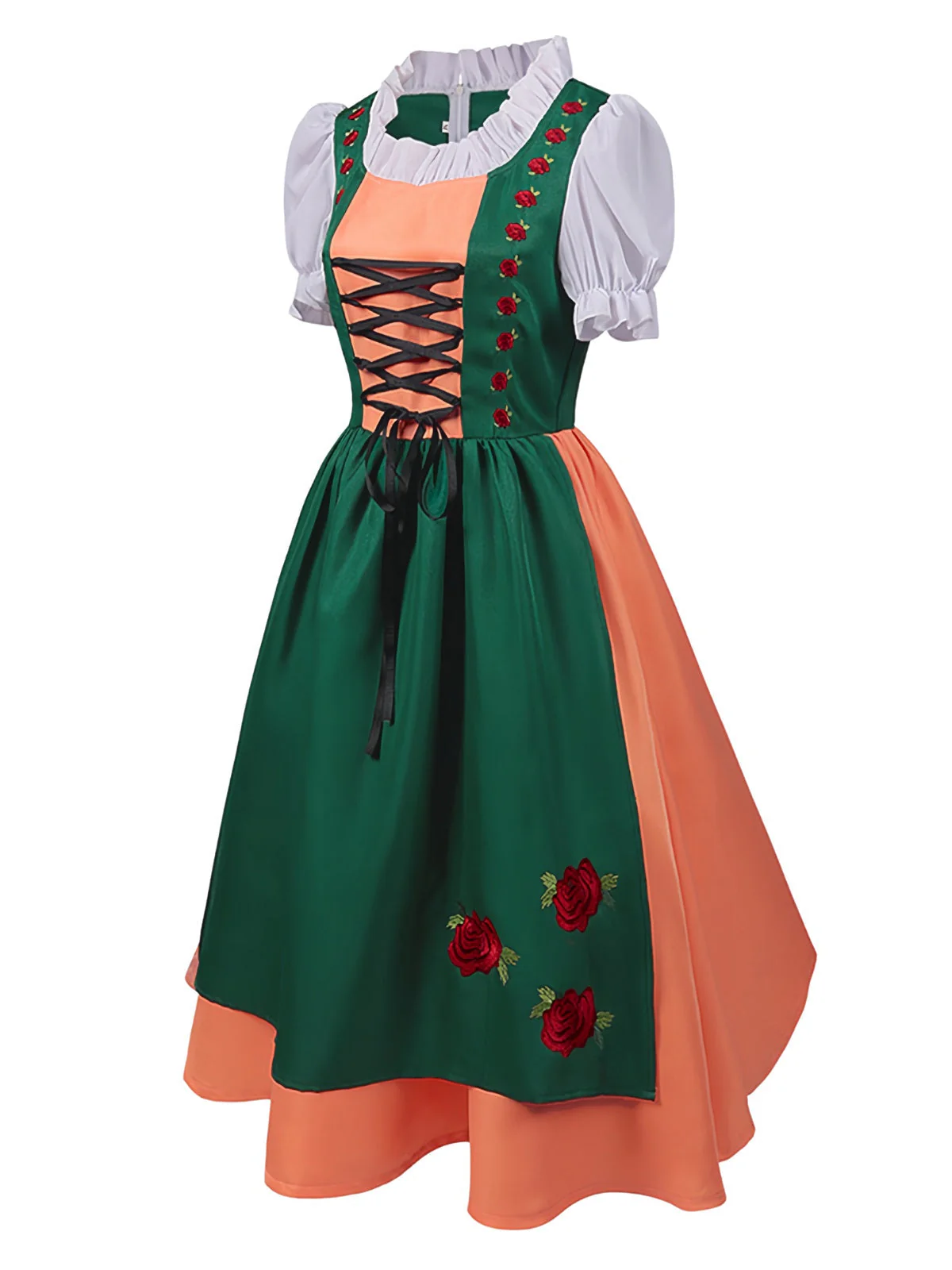 Grün 1950er Oktoberfest Dirndl Blumen Stickerei Rüschen Kleid - Image 2