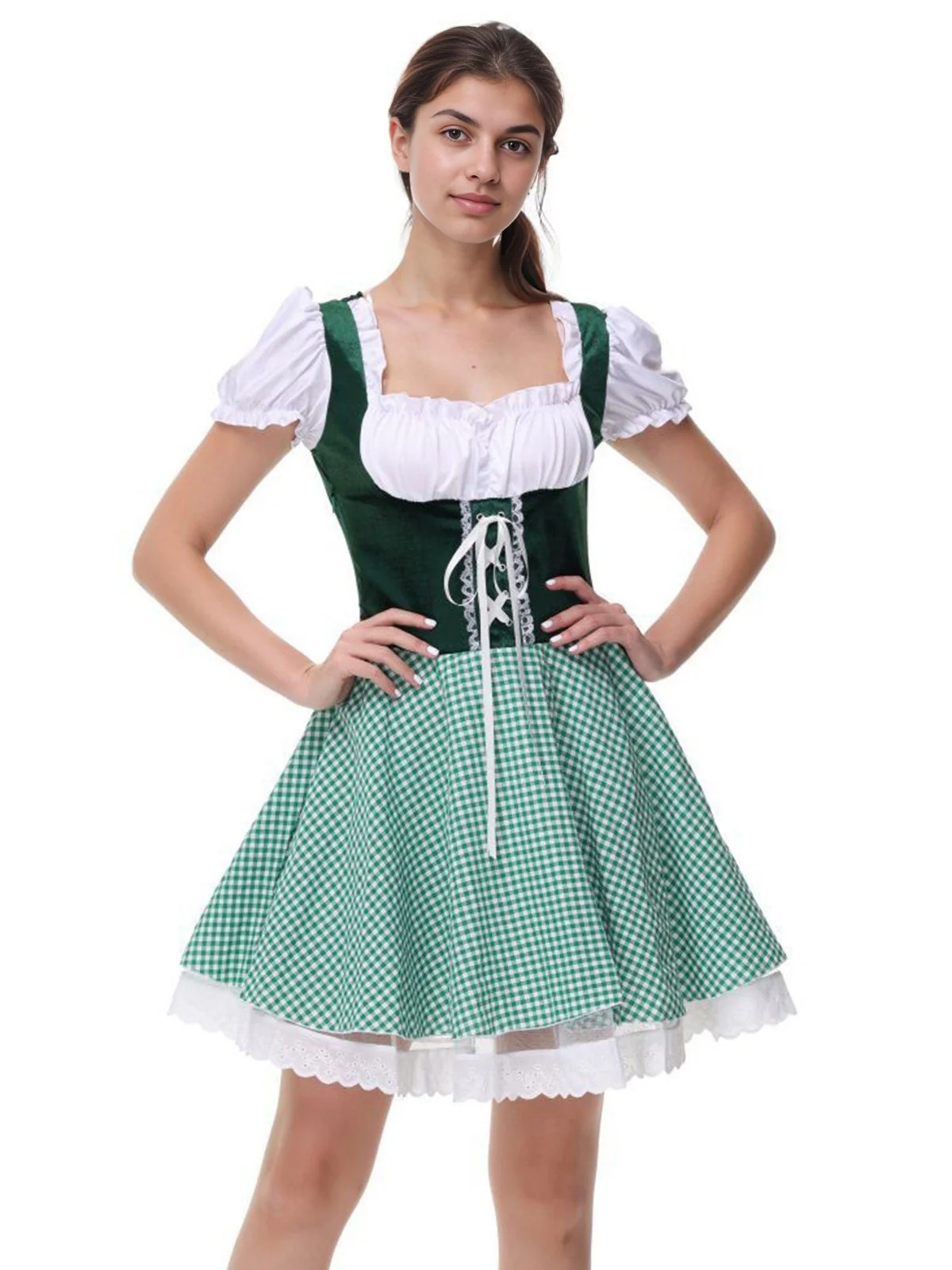 Grün 1950er Oktoberfest Dirndl Puffärmel Gingham Plaid Kleid - Image 3