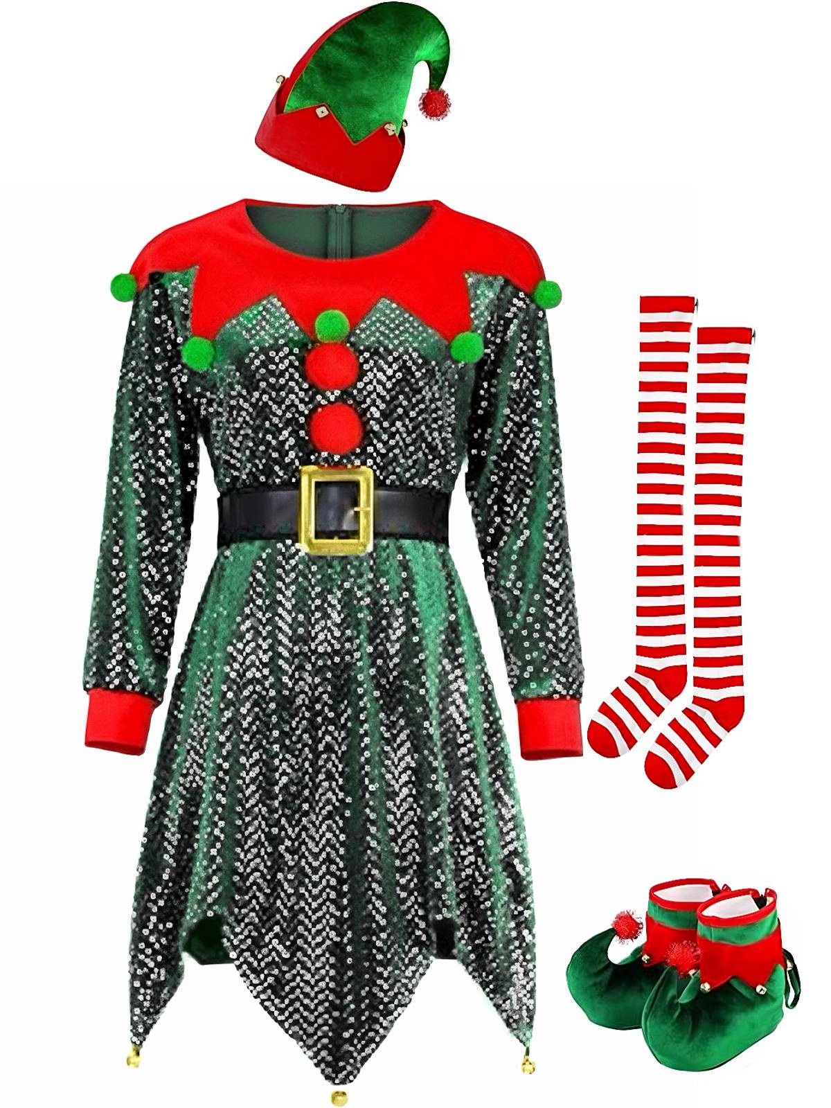 Grün 1950er Pailletten Weihnachten Elf Kostüm Set - Image 3