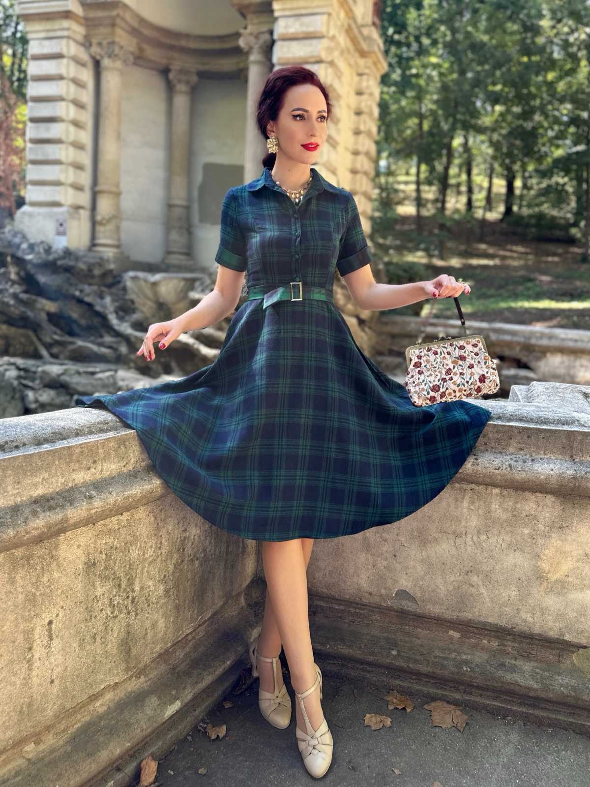 GRÜN 1950ER PLAID KURAZARM SWING KLEID - Image 3