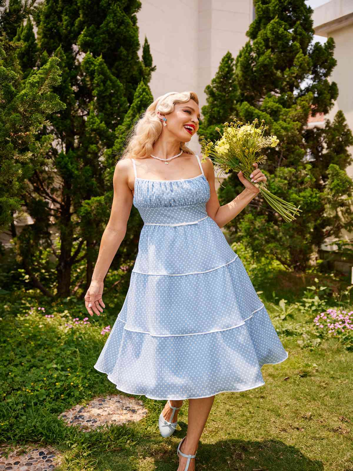 Grün 1950er Tupfen Trägern Swing Kleid - Image 3