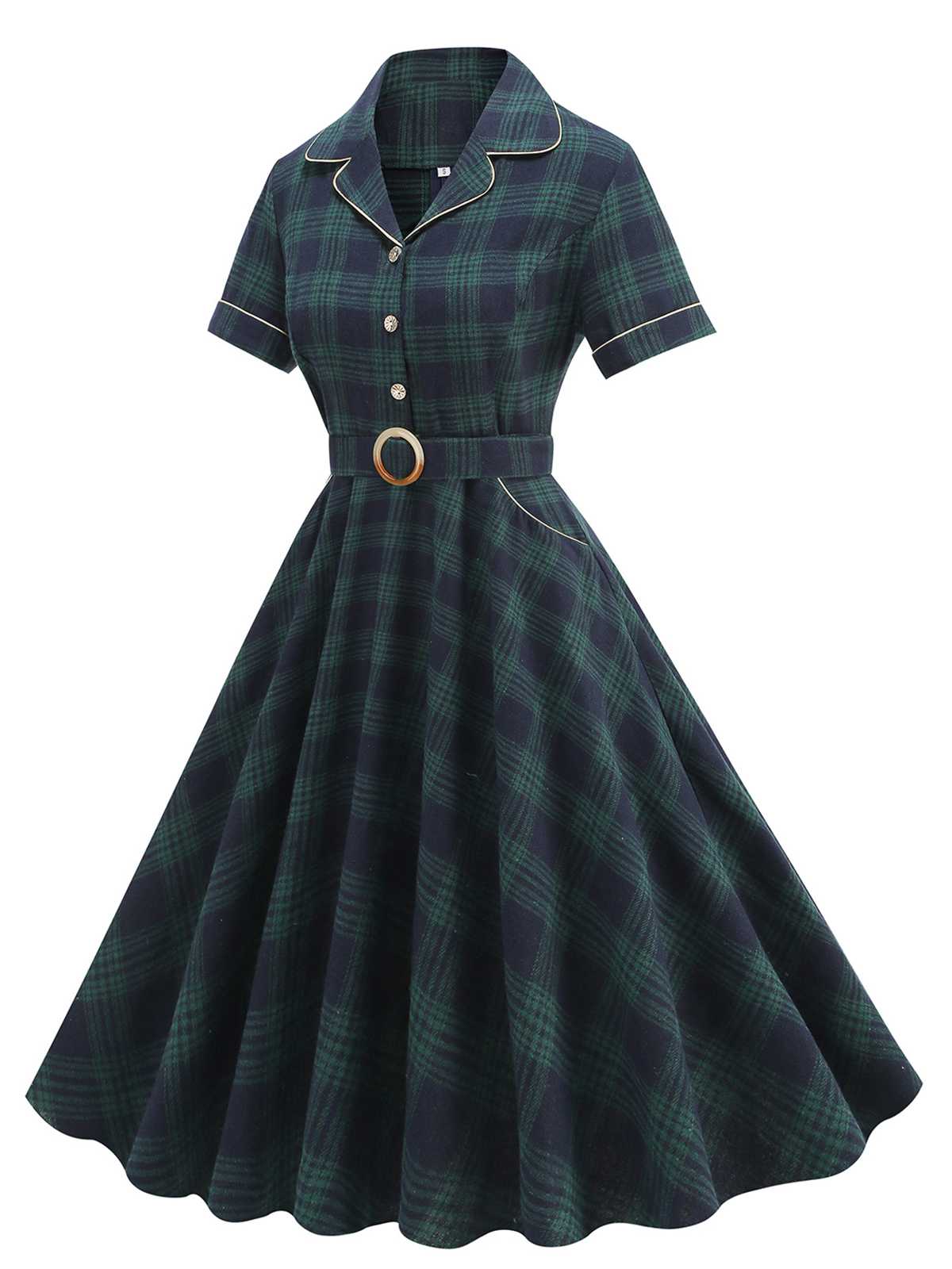 Grün 1950er Revers Plaids Swing Kleid - Image 2