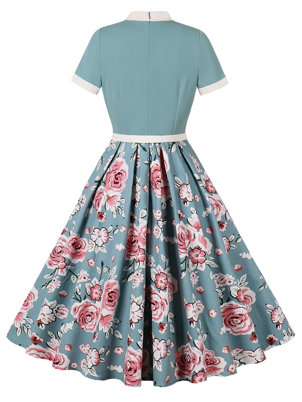 Grün 1950er Rose Patchwork Krawattenkragen Kleid - Image 2